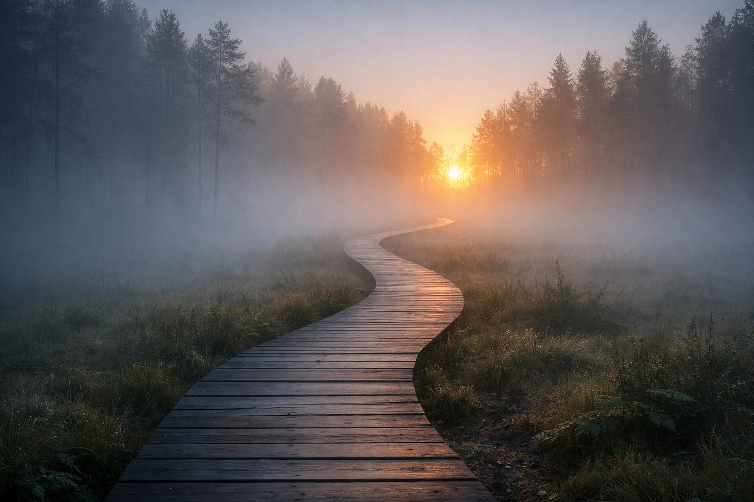 Winding boardwalk path in a forest at dawn, representing the long-term compounding of daily small wins.