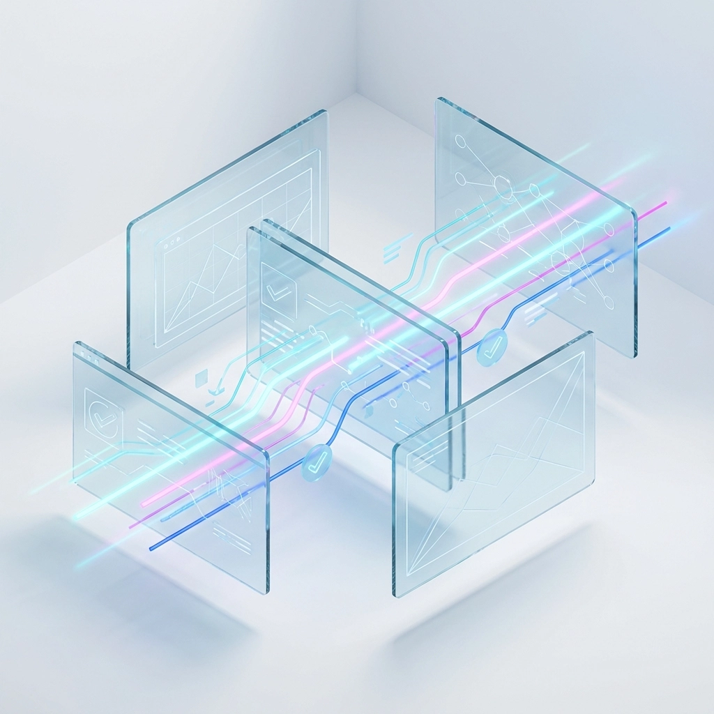 Digitale, transparente Dokumente mit Datenströmen und Prüfzeichen zur KI-Compliance Dokumentation 2026