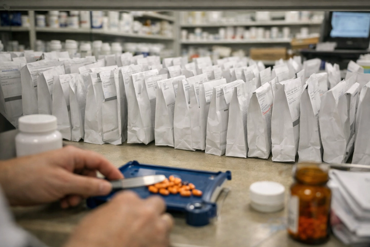 Pharmacy counter with prescription bags revealing the pill mill era healthcare system failures