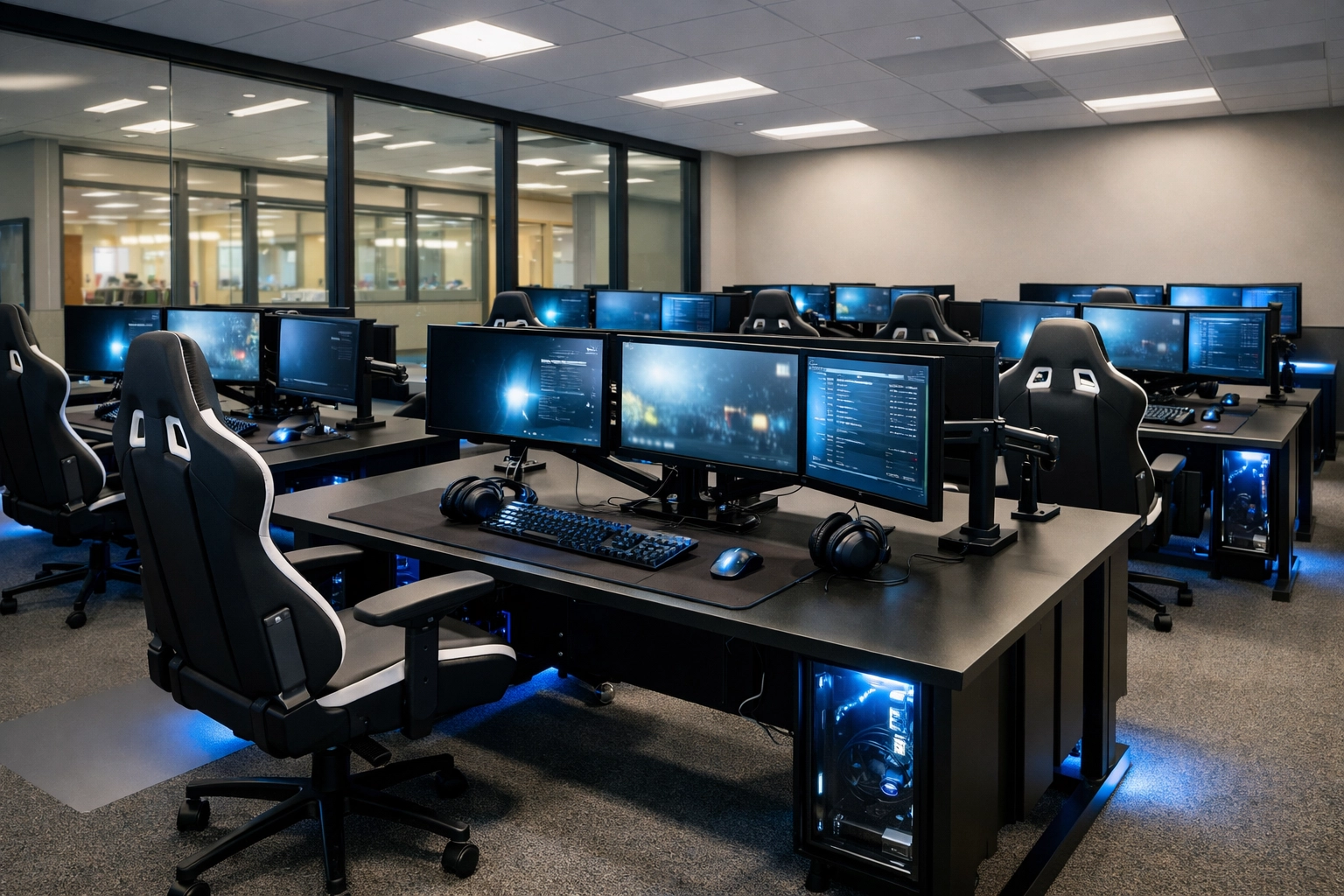 Modern high school esports pod setup showing scalable technology for educational growth and sponsorship.