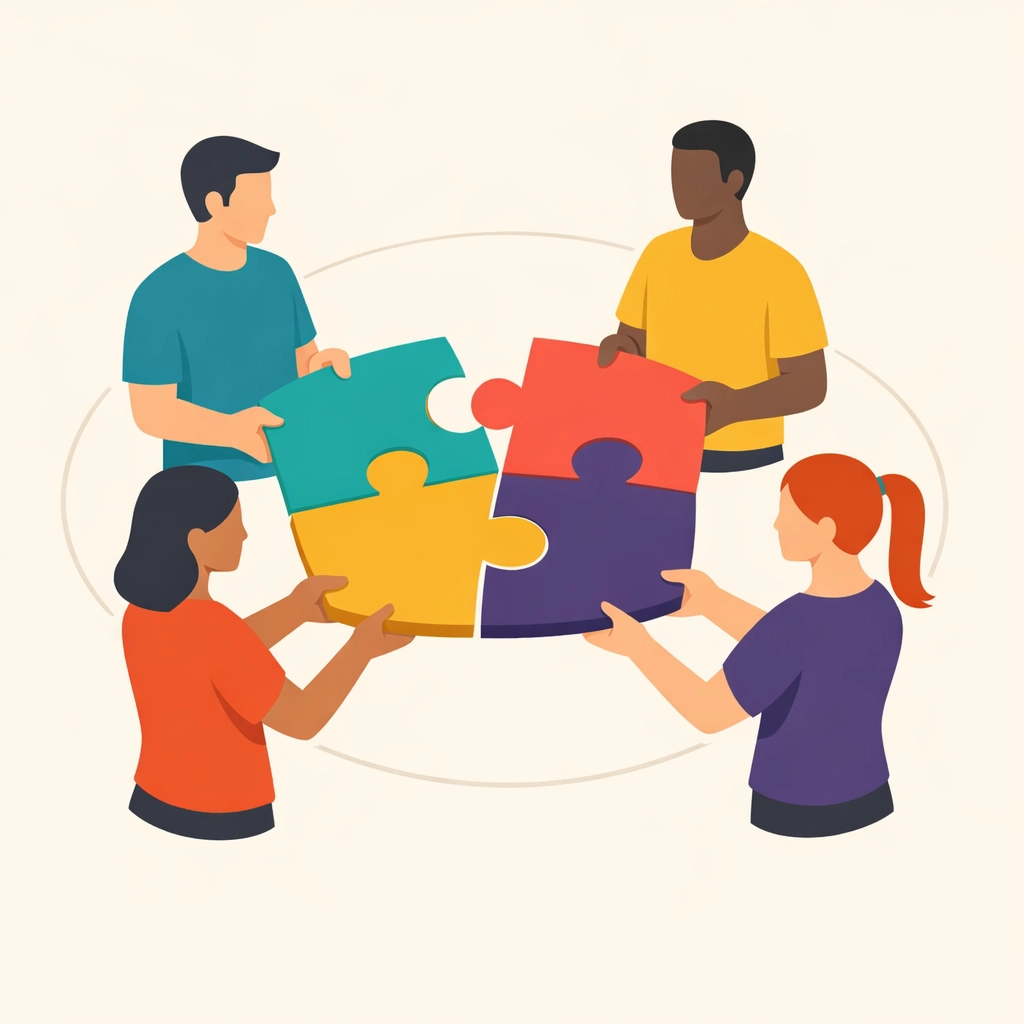 Teamwork illustration showing family members with unique gifts working together
