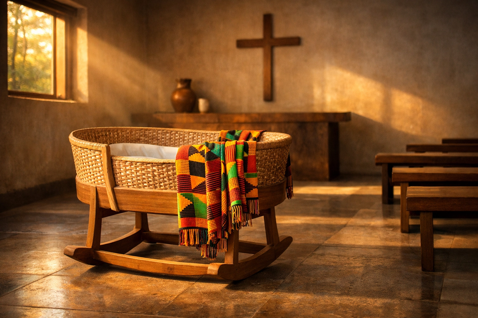 Wooden bassinet in a sunlit African chapel symbolizing church sanctuary and child safety.