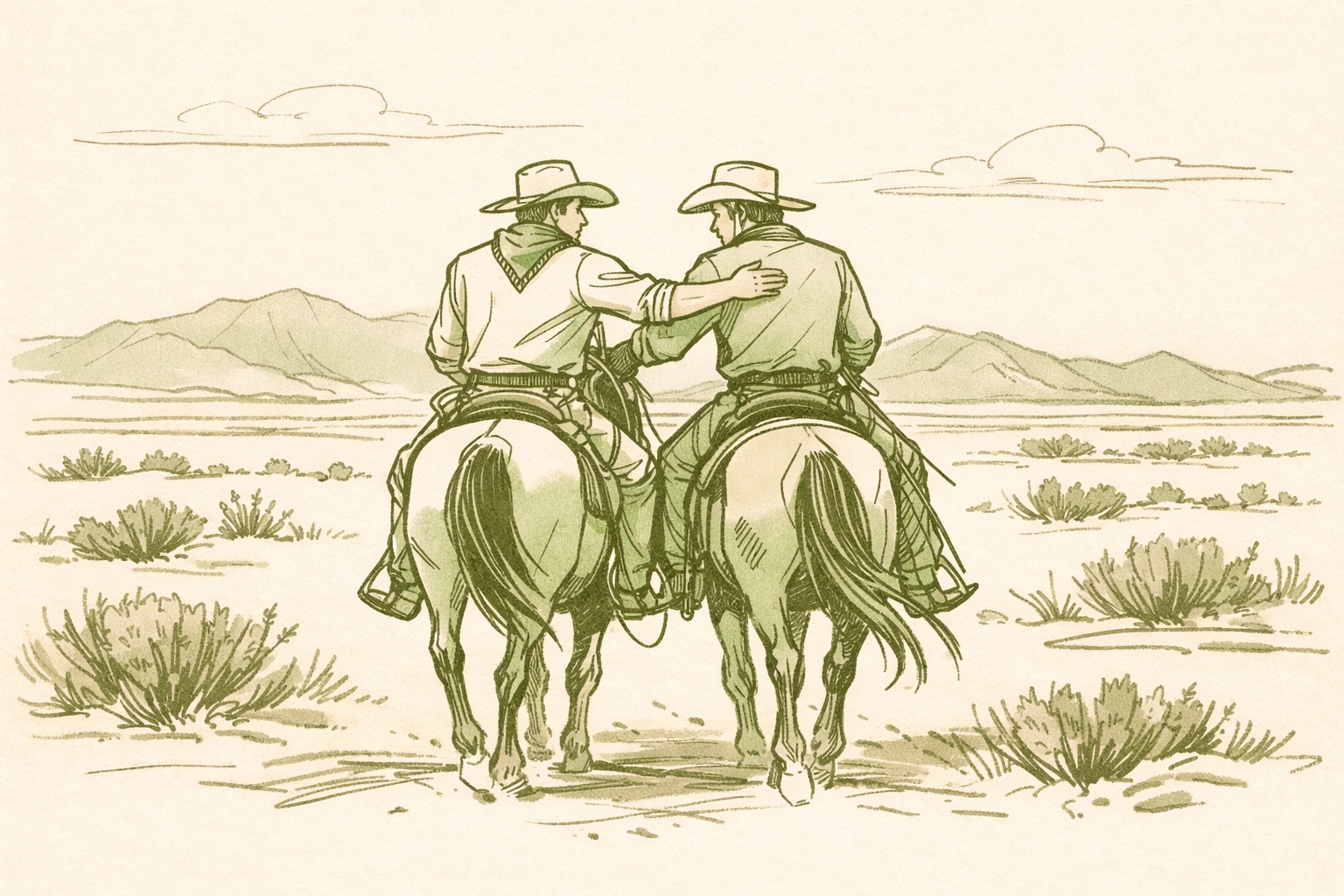 Cowboys on horseback reaching for connection across New Mexico plains in historical gay romance