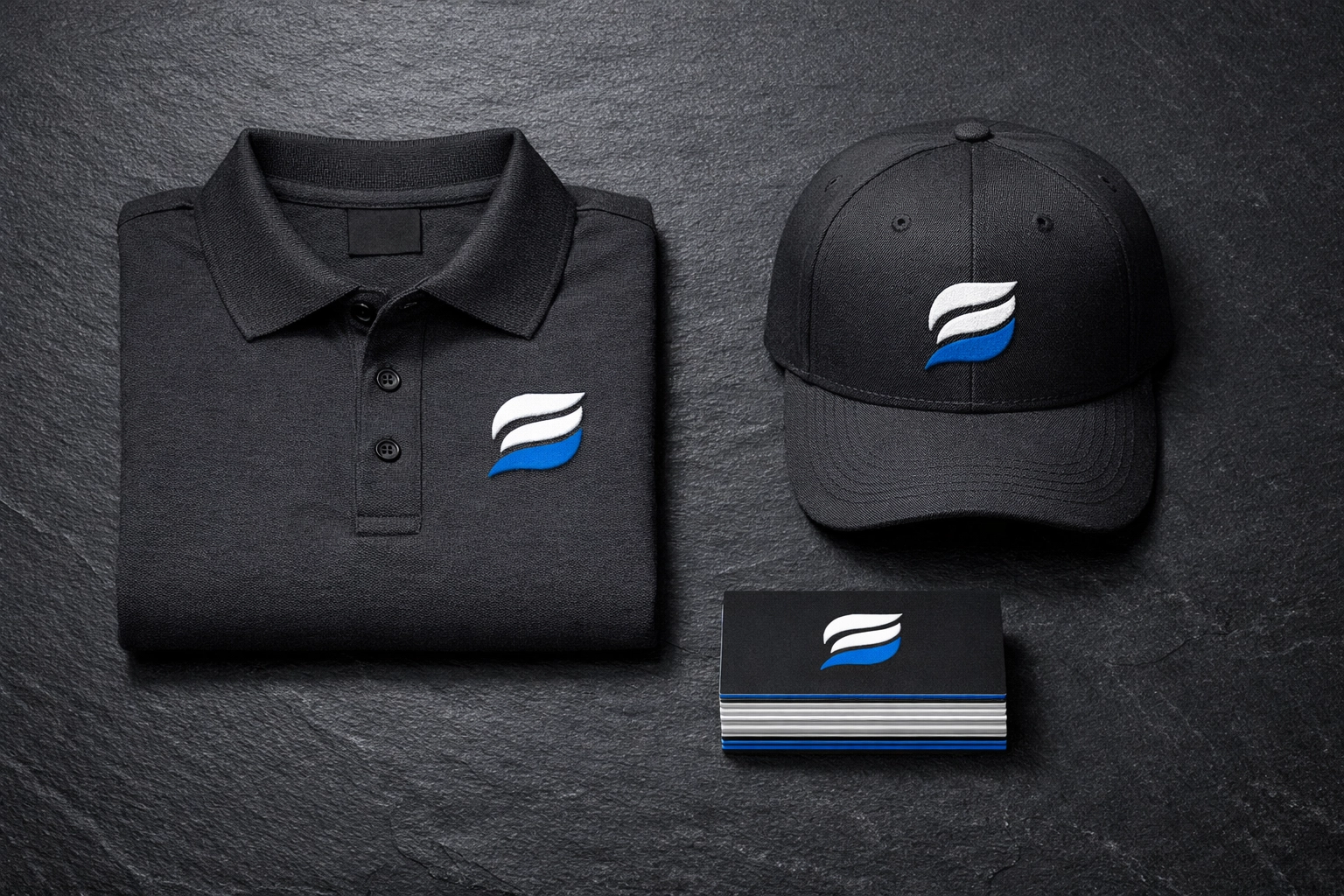 Business startup package including an embroidered polo, custom hat, and business cards.