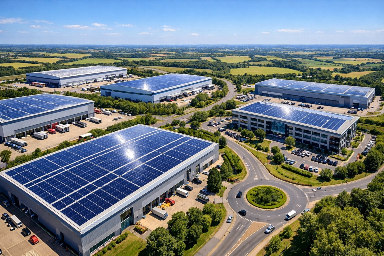 Aerial view of a UK business park with large-scale commercial solar panel installations.