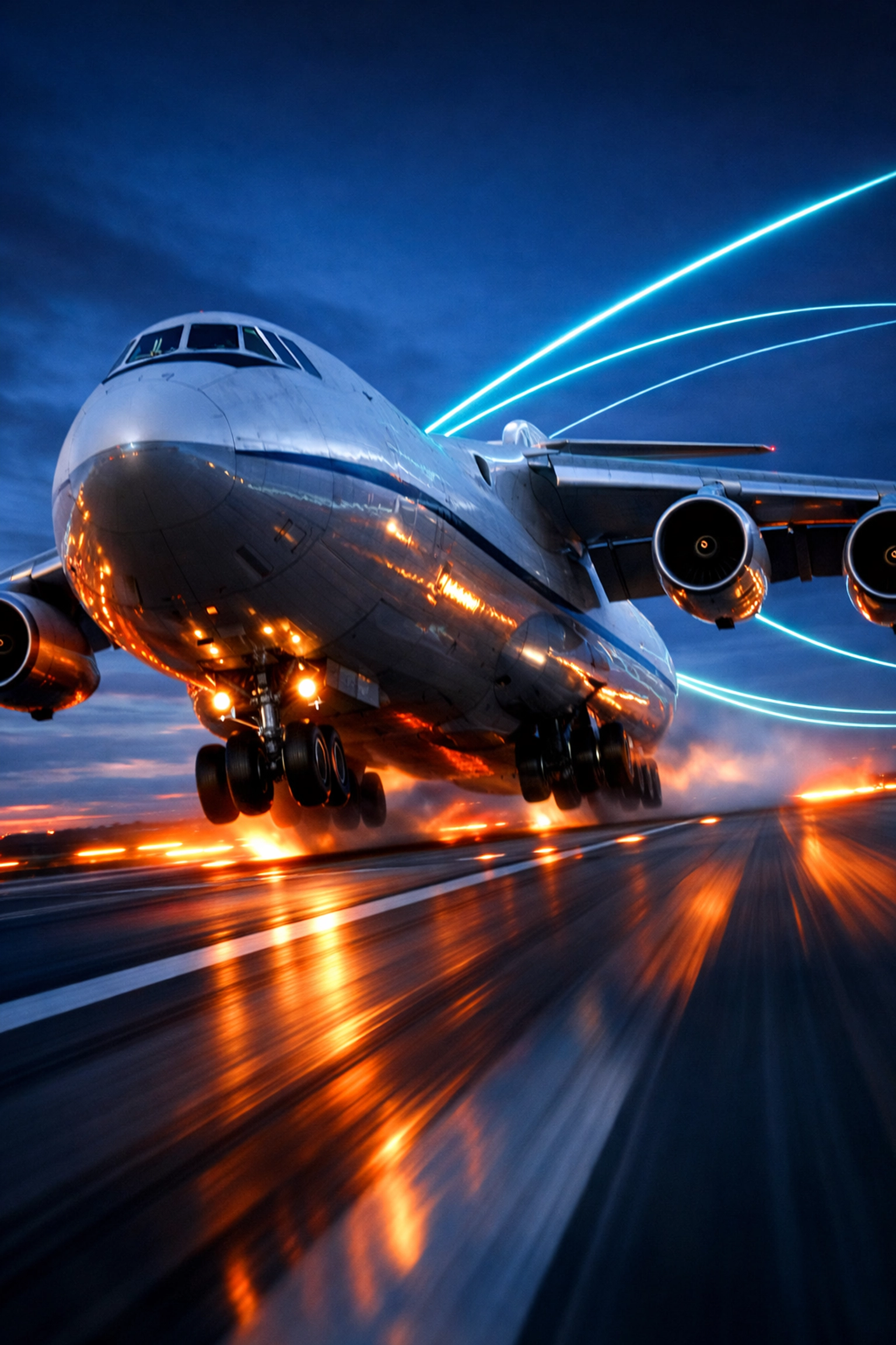 A cargo freighter aircraft accelerating on a runway, representing fast air freight services for urgent shipments.