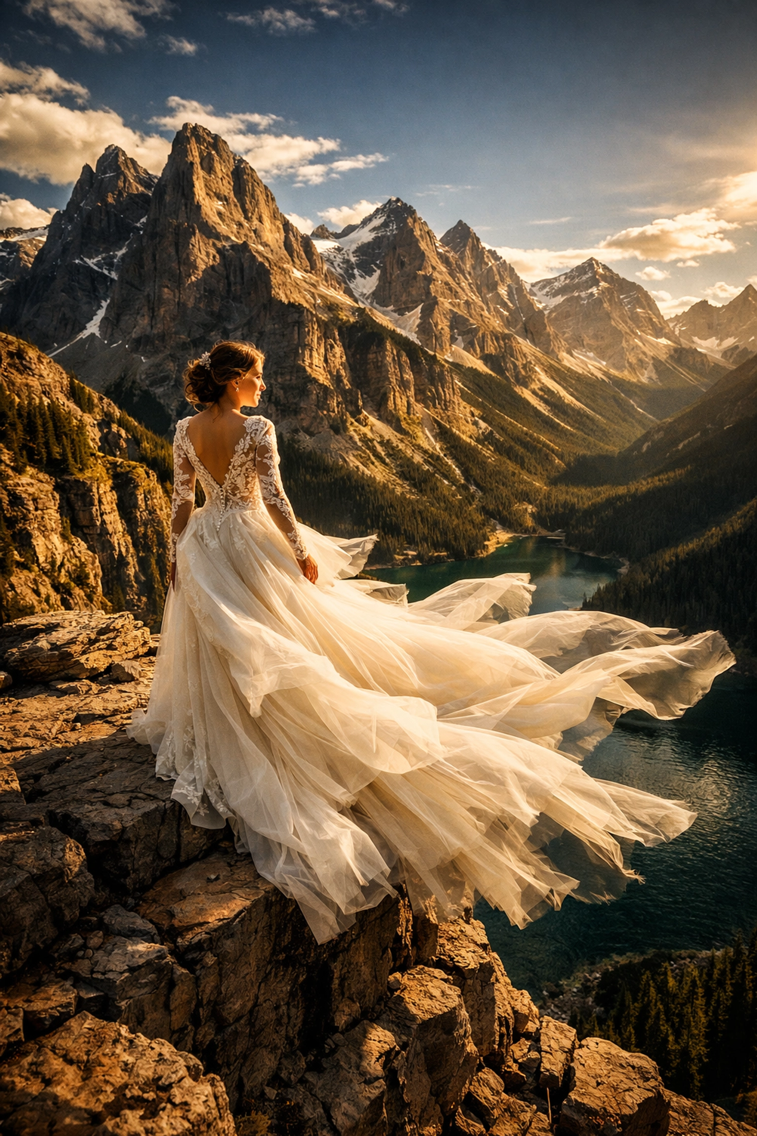 Cinematic Banff wedding photo of a bride in a flowing lace dress on a mountain cliff overlooking the Rockies.