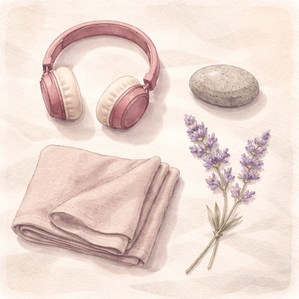 Minimalist sensory comfort kit with headphones, lavender, stone, and fabric for managing sensory triggers