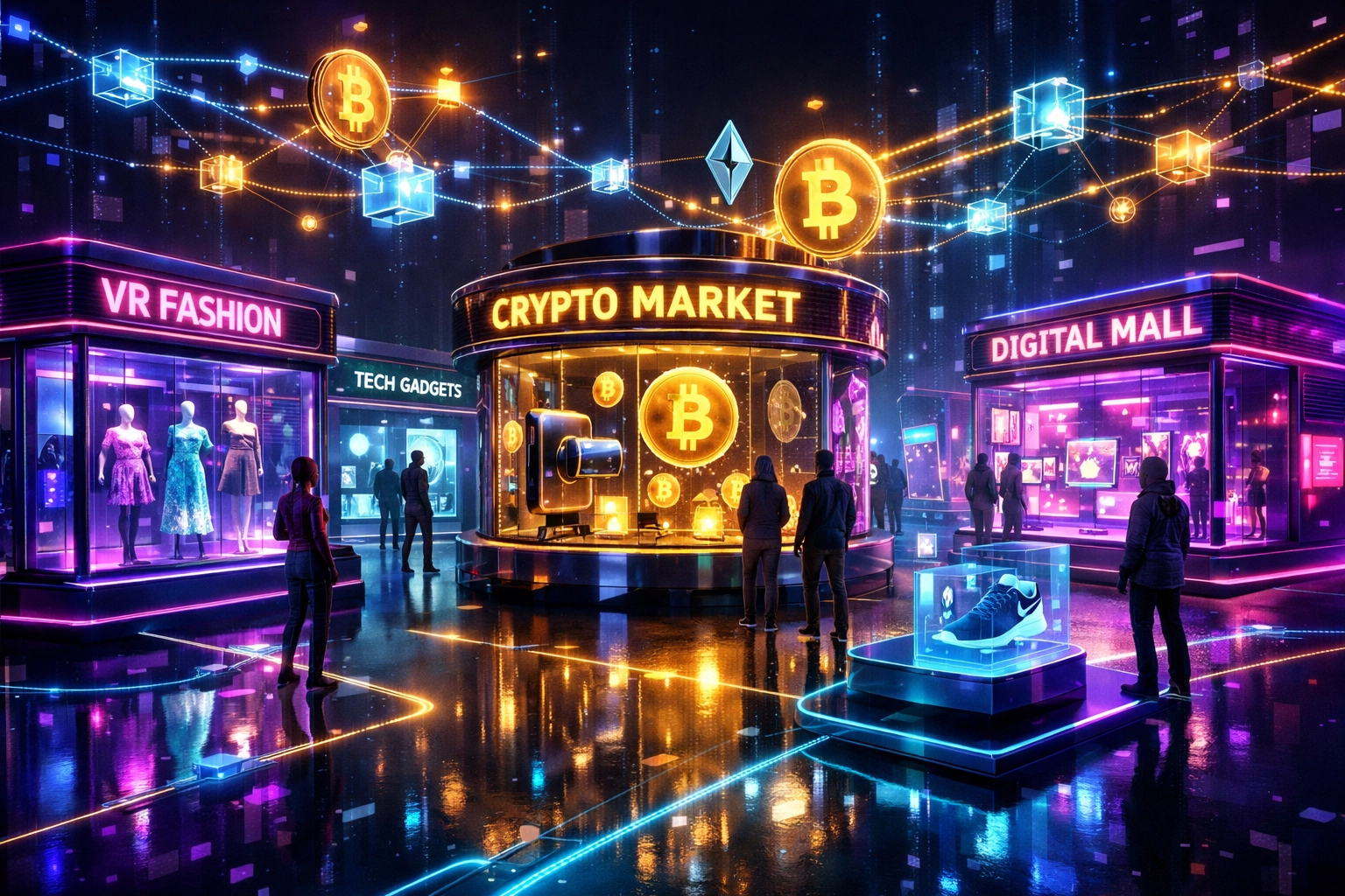 Futuristic metaverse shopping district with virtual storefronts and crypto payment connections between transactions