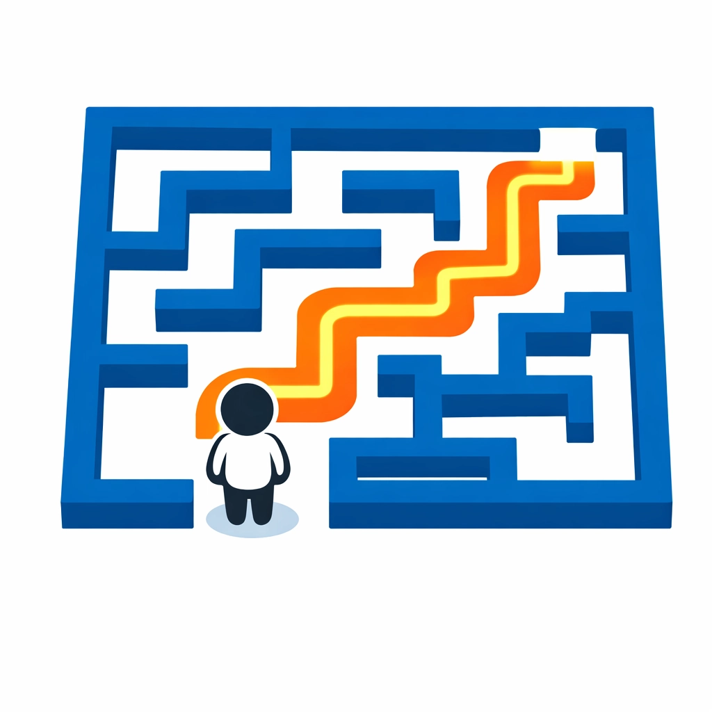 Frictionless B2B customer experience path through a maze representing a human-centric learning journey.