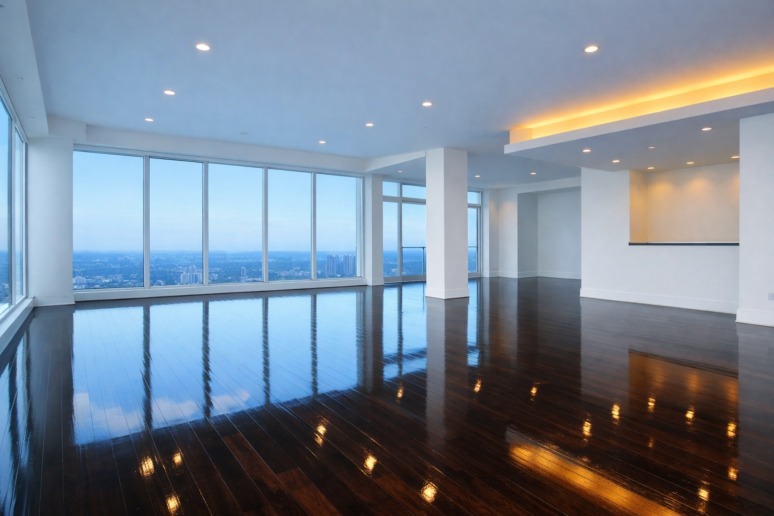 Gleaming hardwood floors in an empty luxury apartment after a professional move-out cleaning service.