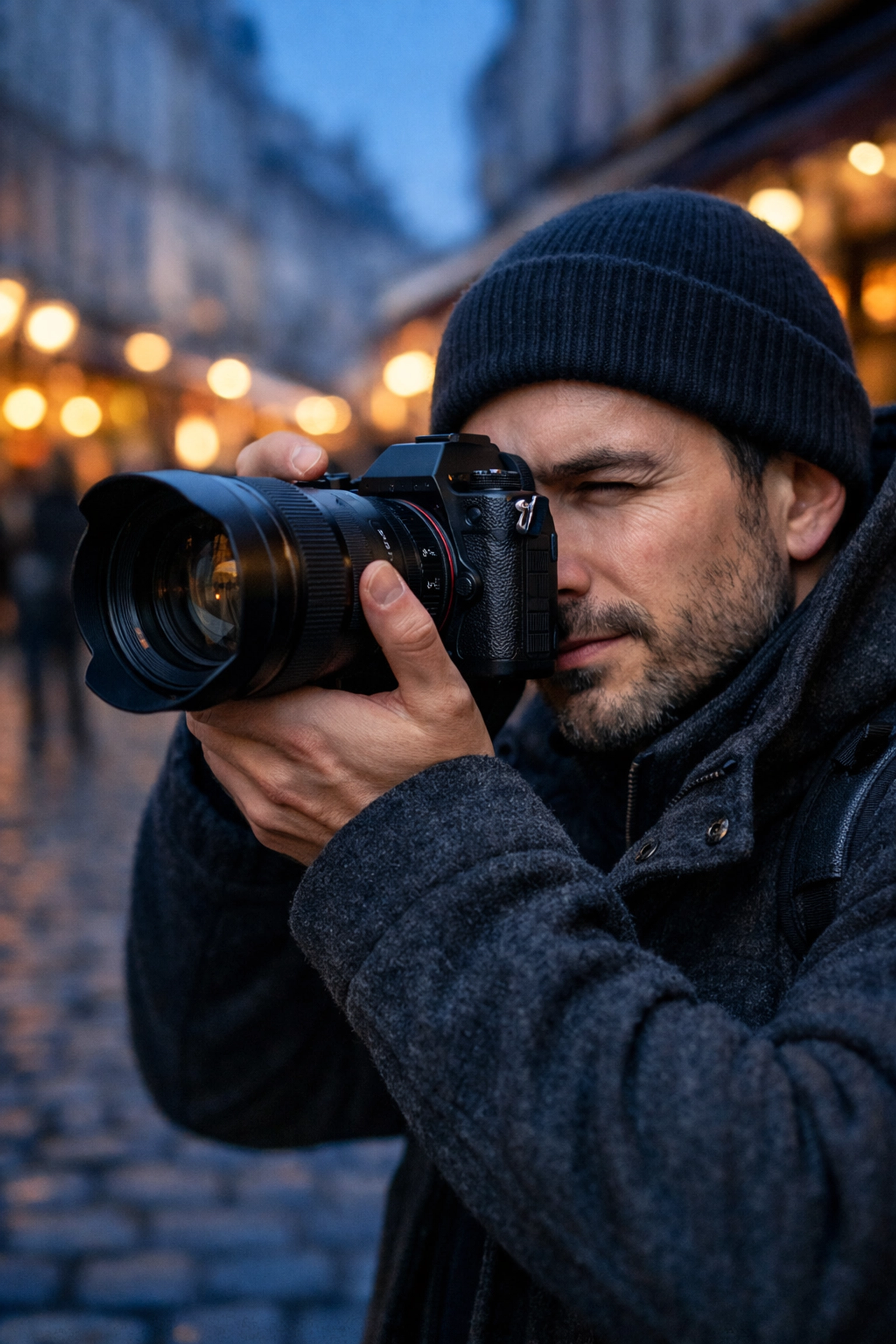 A photographer practicing urban composition as part of our daily photography tutorials.