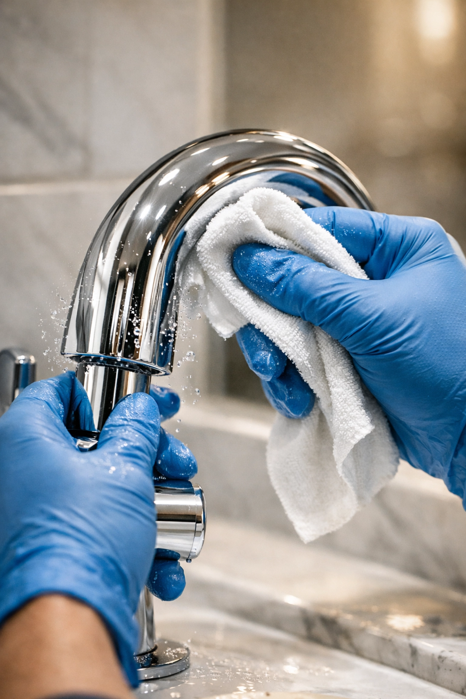 Professional cleaners detailing a bathroom faucet to a shine during a House Cleaning Auburn MA service.