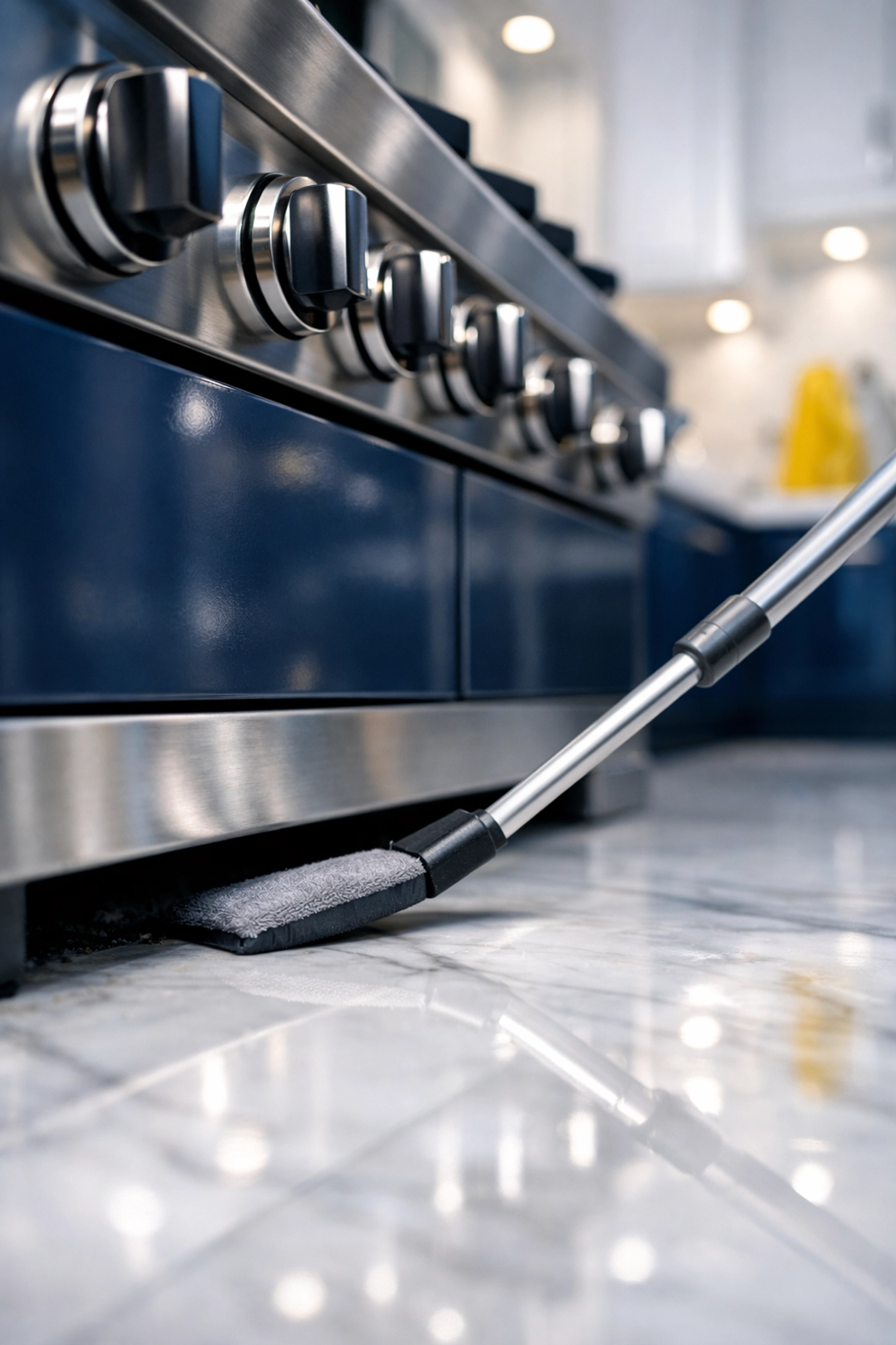 Cleaning tool reaching into the narrow space under a luxury gas range stove.