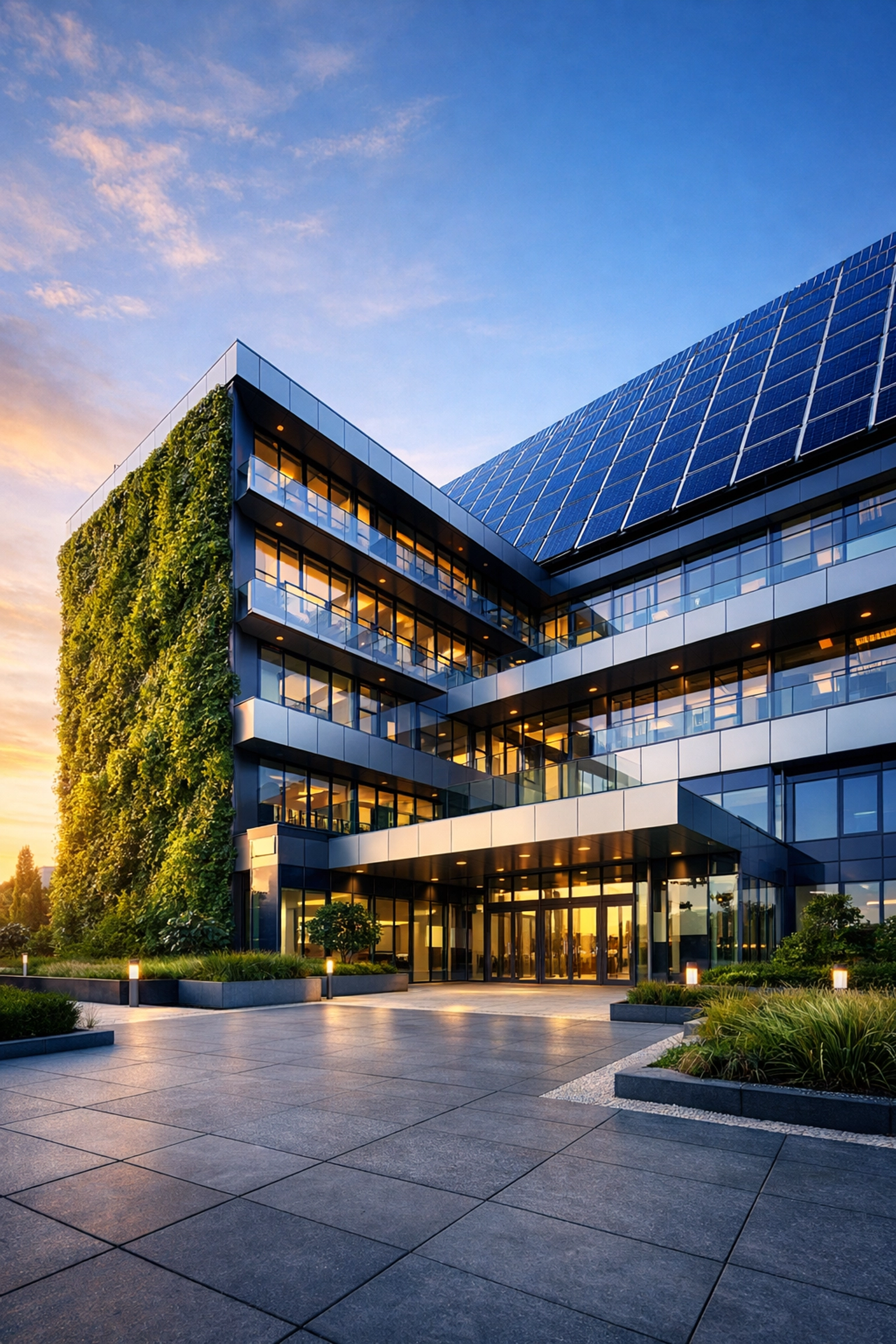 Sleek commercial property featuring a business solar power installation to maximize real estate value.