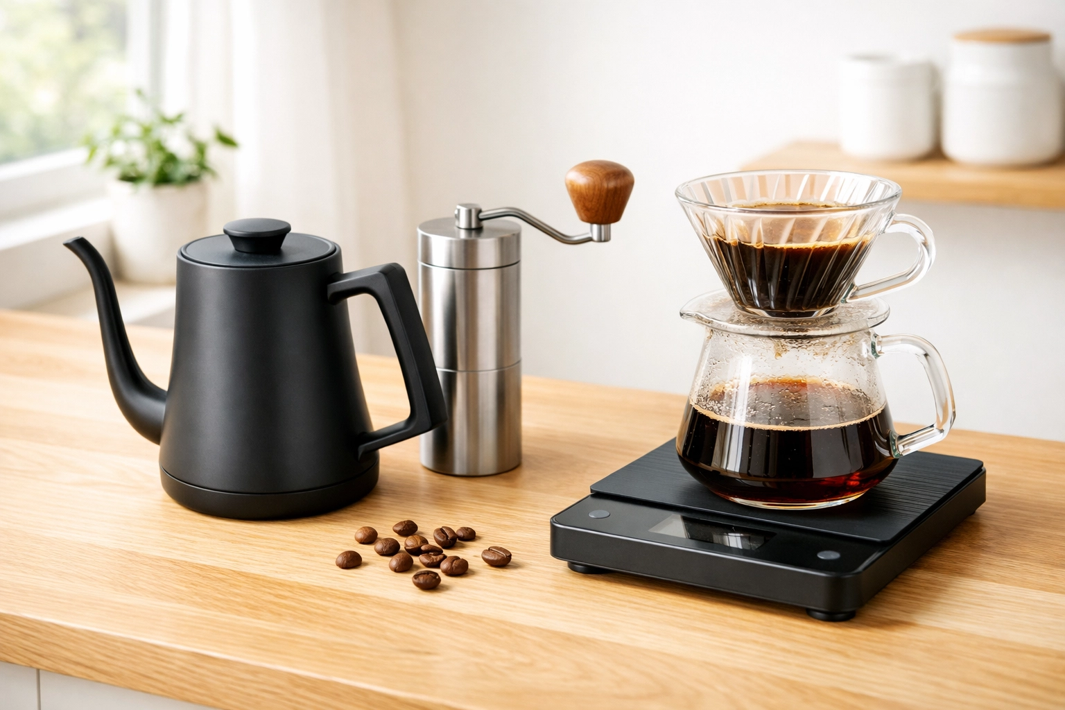 Essential home brewing gear including a gooseneck kettle, burr grinder, and digital scales on a wooden counter.