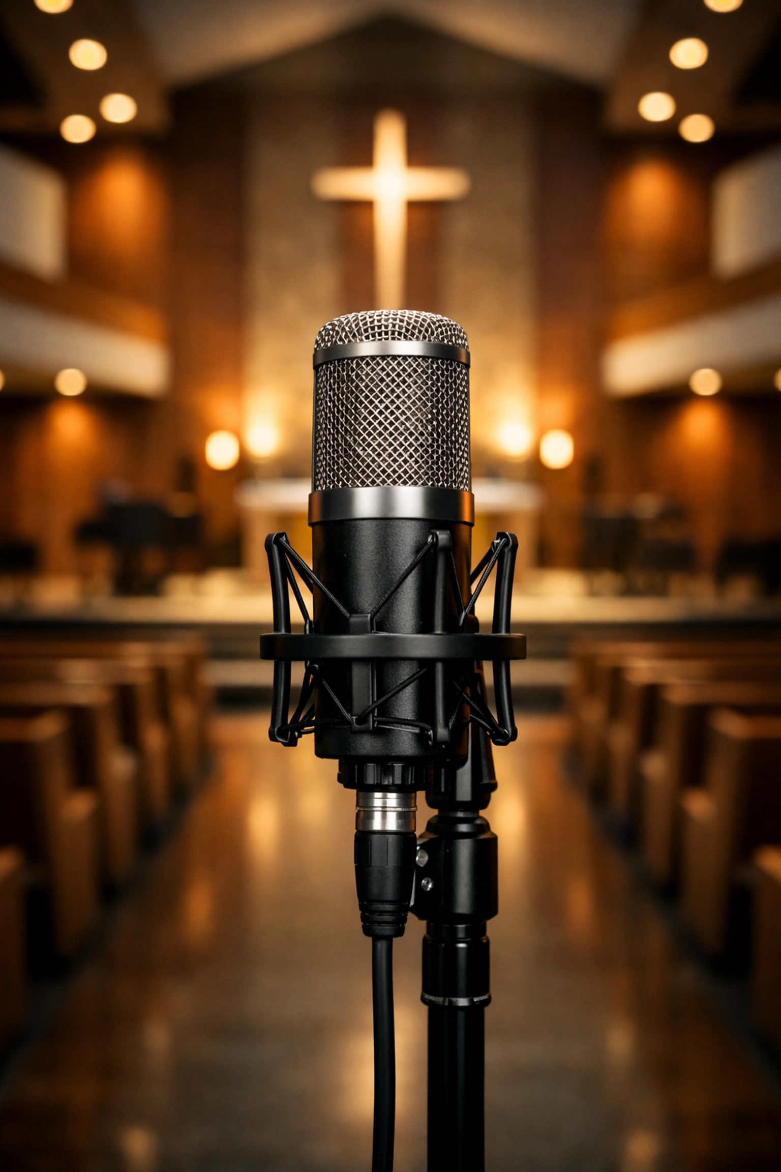 Professional church microphone in a modern sanctuary, representing clear technology for worship leadership.