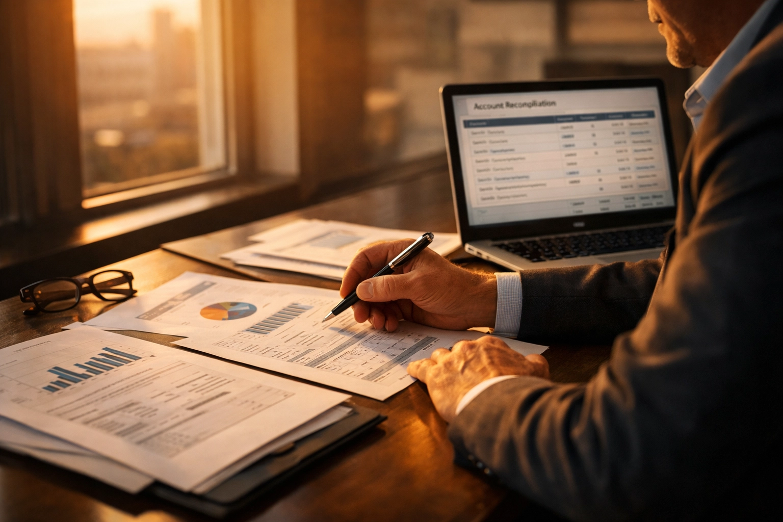 Business professional reviewing financial reports and tax records for audit preparation and compliance