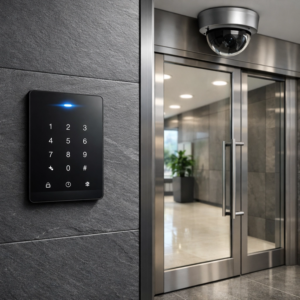 Integrated intruder alarm keypad and security camera system in a modern Worcester business foyer.