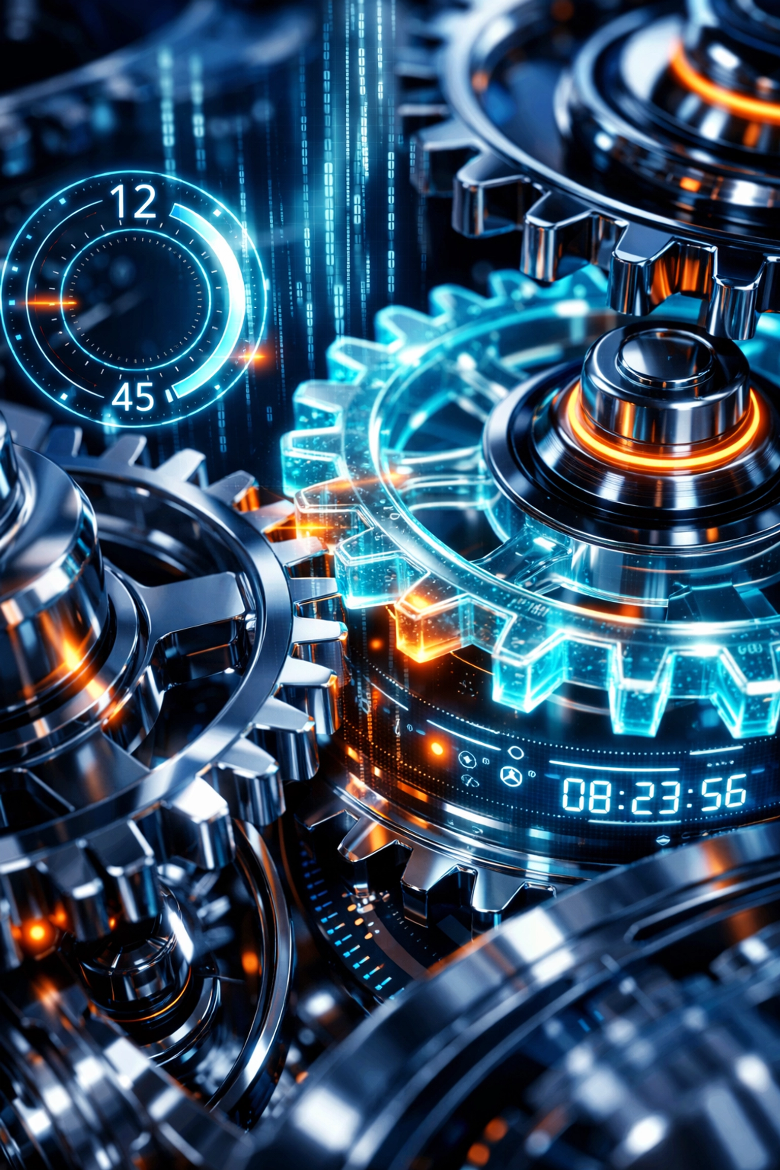 Präzises digitales Uhrwerk als Symbol für Effizienz durch KI im Projektmanagement.