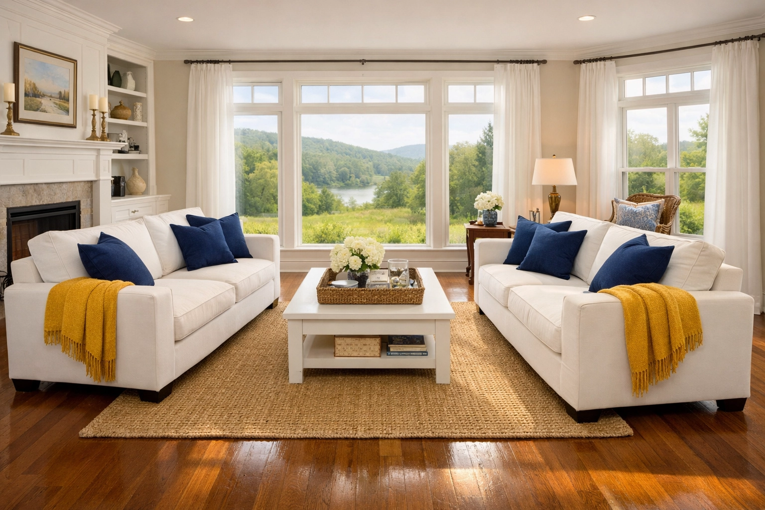 A spotless Ashby living room with sunlight on hardwood floors, maintained by local house cleaning Ashby MA experts.