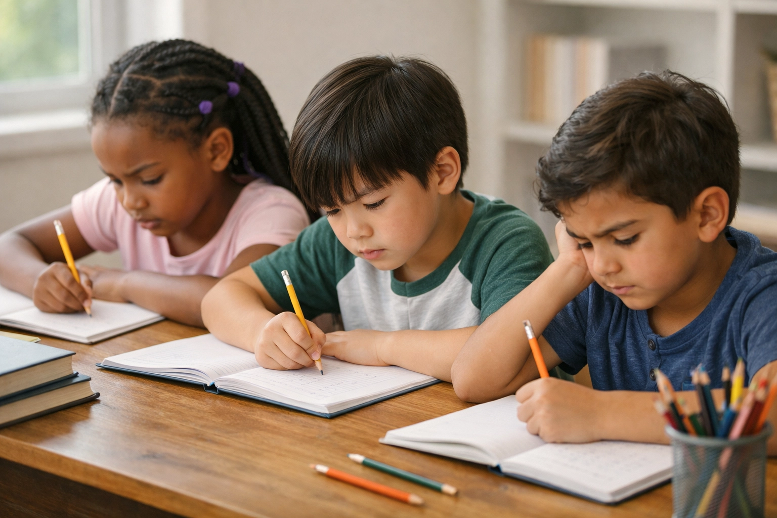 Kinderen in groep 4 oefenen geconcentreerd met spelling op school