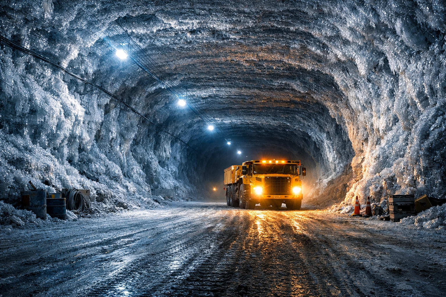 Large industrial truck in a vast white crystalline Detroit salt mine tunnel 1,200 feet underground.