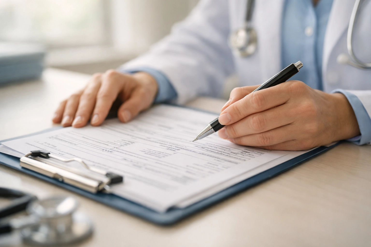 Healthcare professional reviewing clinical documentation and medical charts for compliance audit