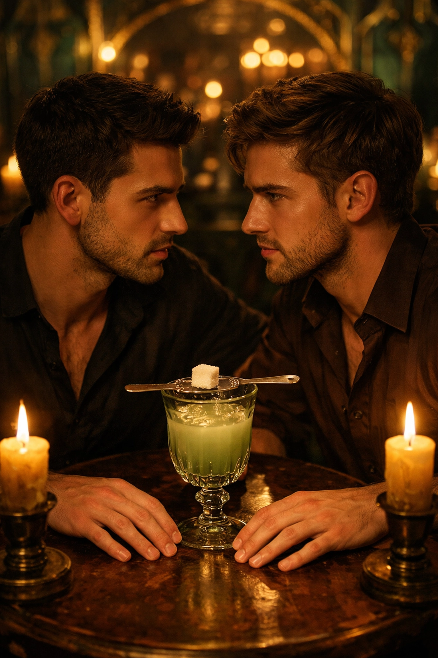 Two men share intimate moment over absinthe in underground bar - MM romance tension