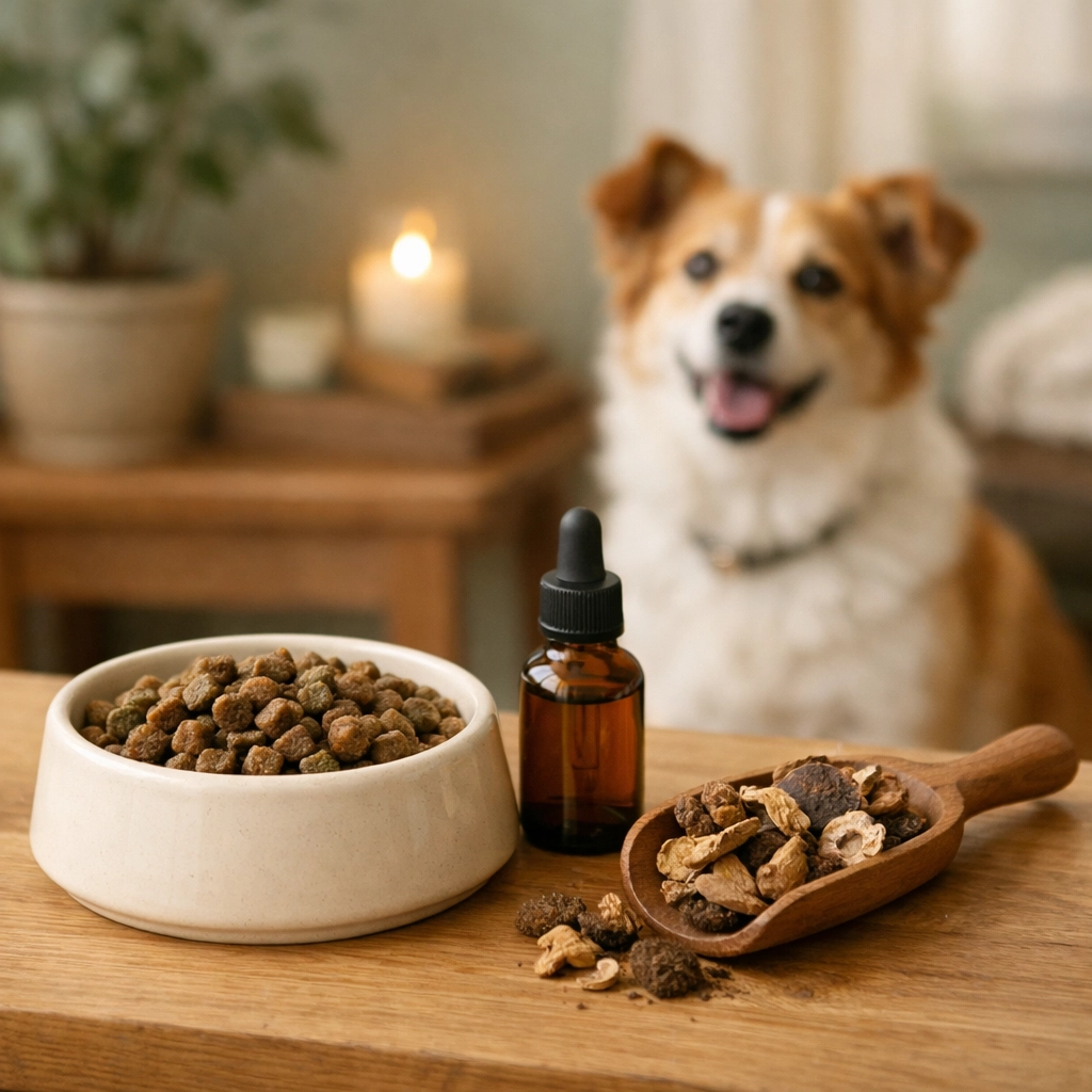Functional dog wellness setup featuring medicinal mushrooms and probiotic supplements for immune support.