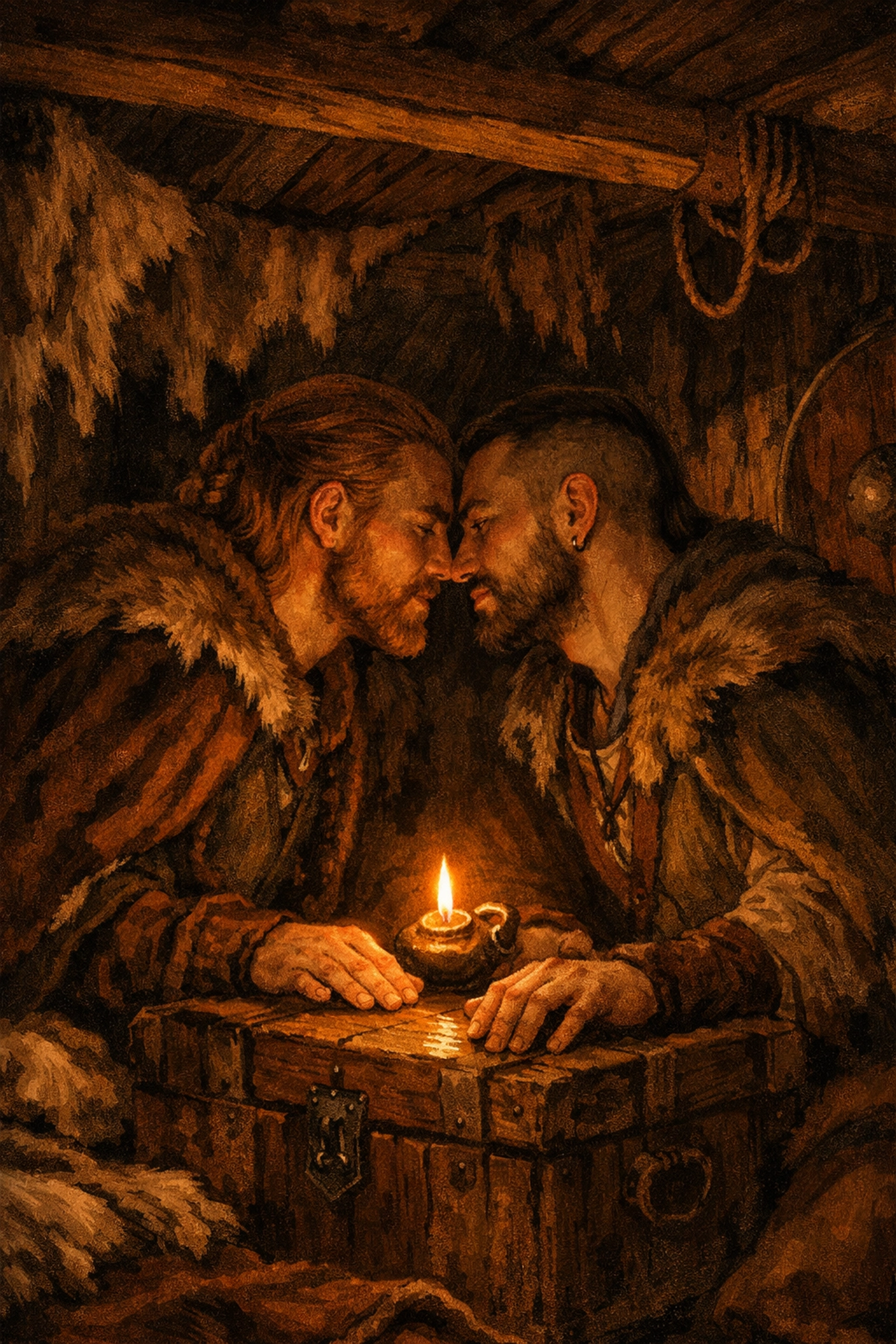 Two Viking men in intimate conversation below deck - gay romance in Norse history