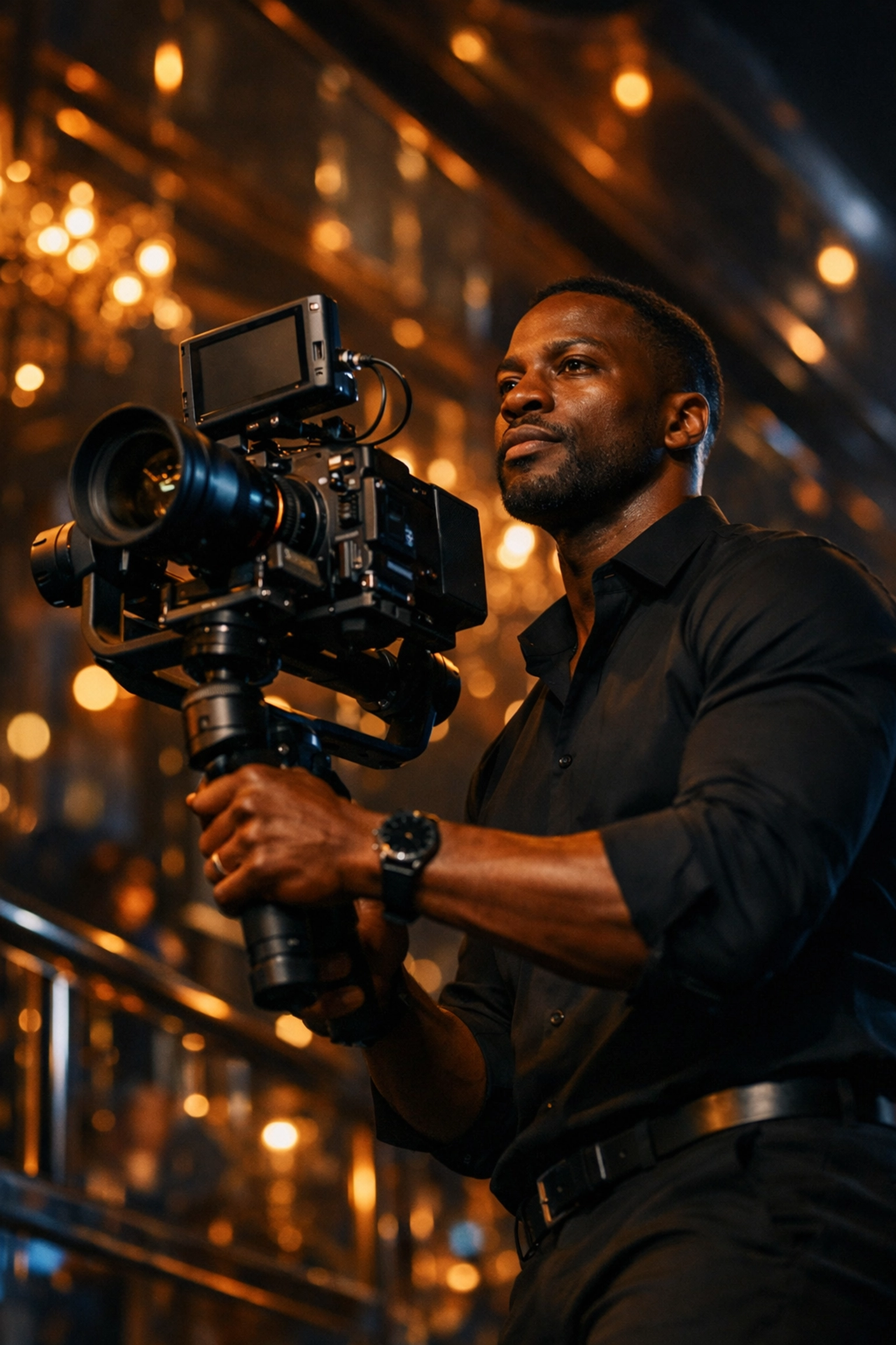 Professional videographer filming luxury event with cinema camera and stabilizer