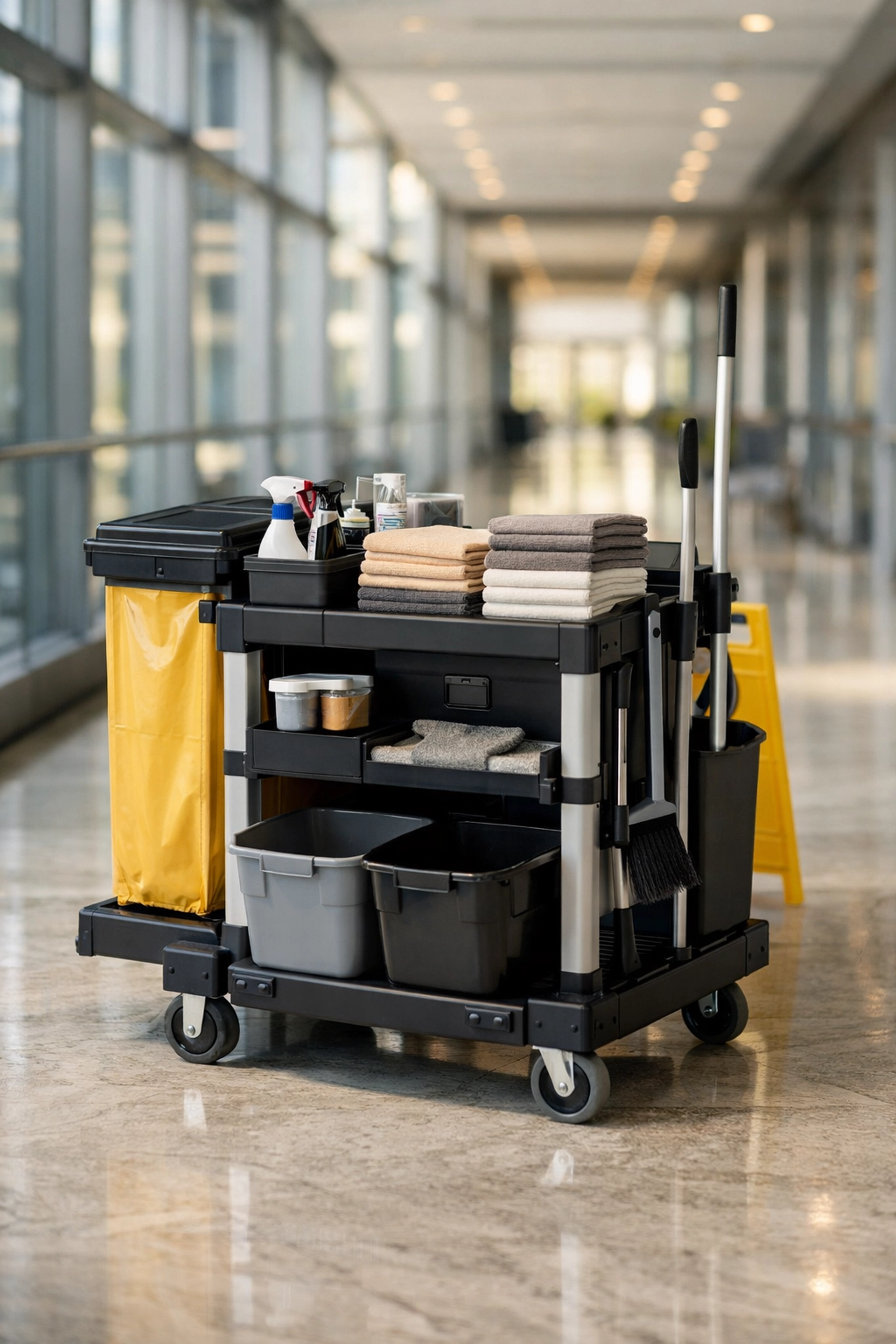 Professional janitorial cart with cleaning supplies in a sunlit commercial office corridor.