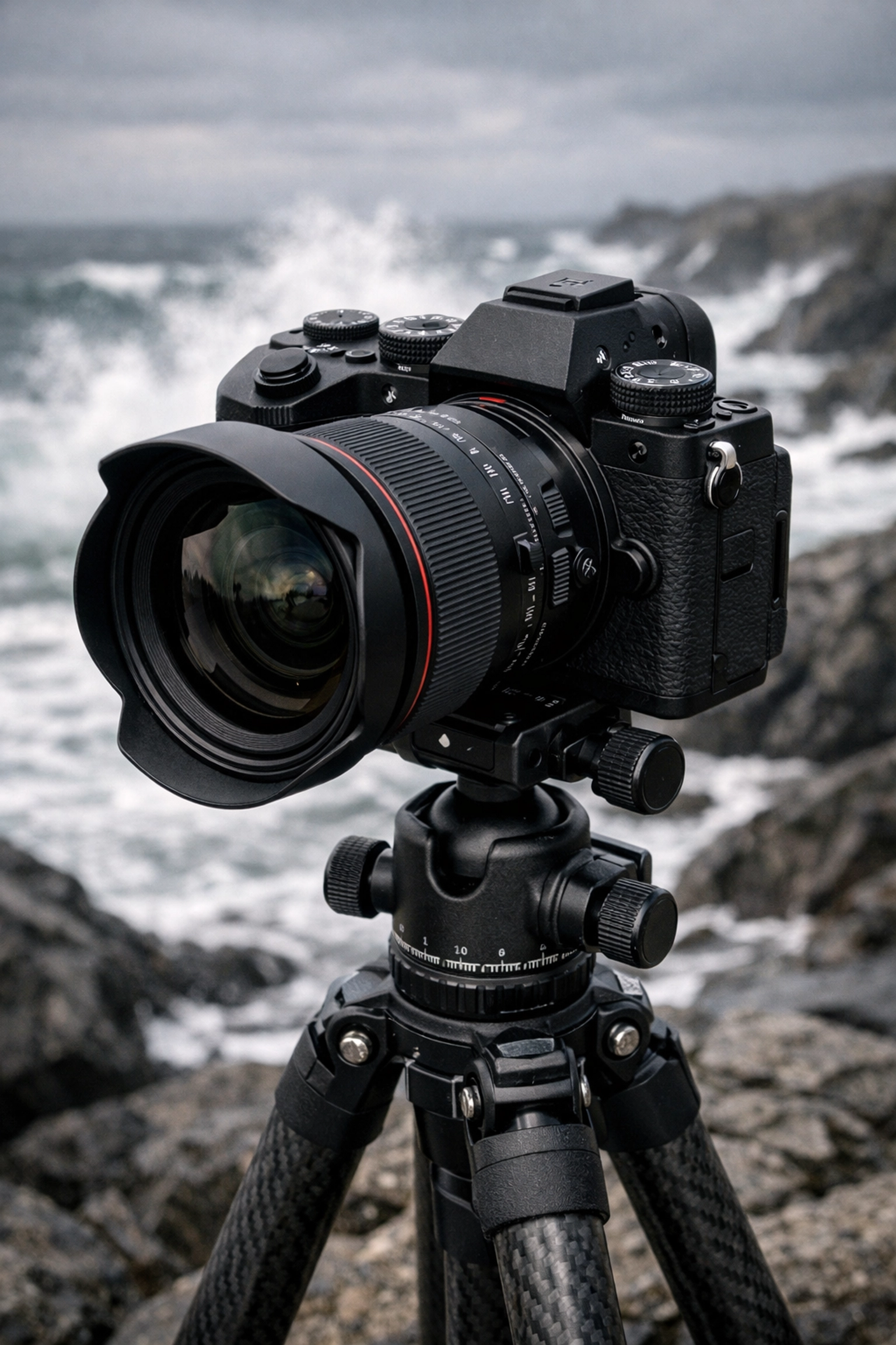 Professional mirrorless camera on a tripod at a rocky coastline, capturing sharp landscape photography in moody weather.