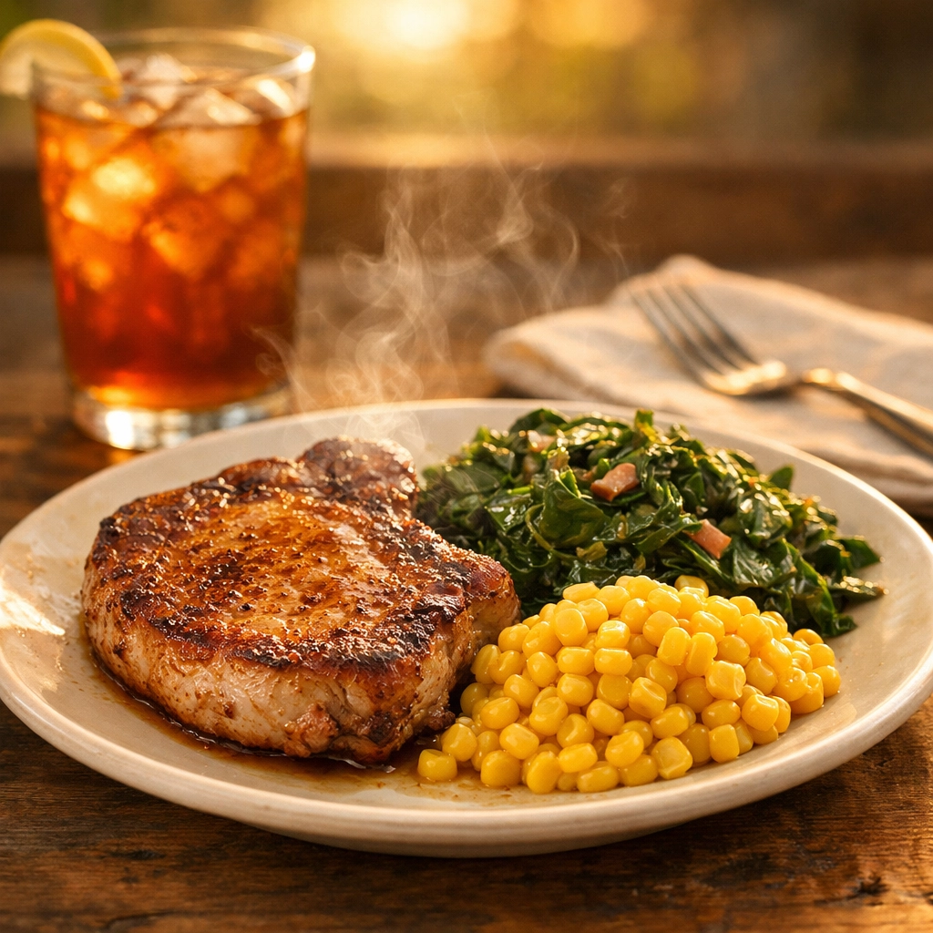 A balanced Southern meal featuring a seared pork chop, collard greens, and sweet corn.