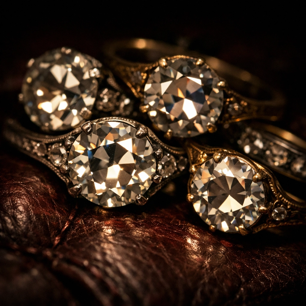 Collection of antique European-cut diamond jewelry featuring unique facets and vintage fire.