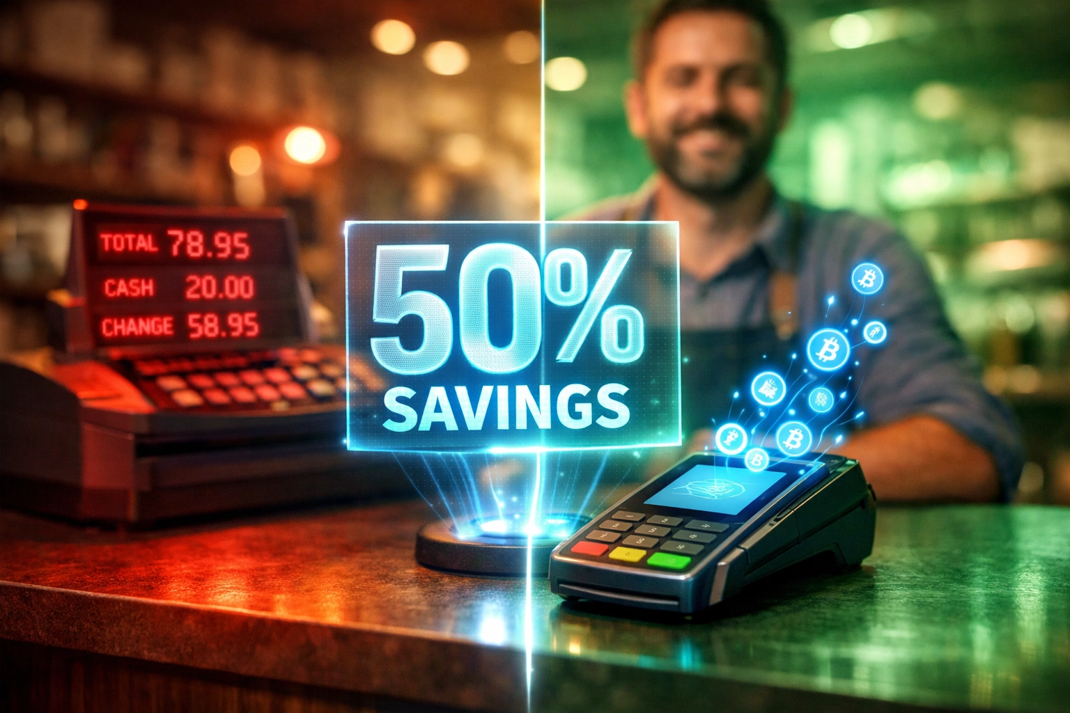 Merchant checkout displaying 50% fee savings with Larecoin crypto payment processing