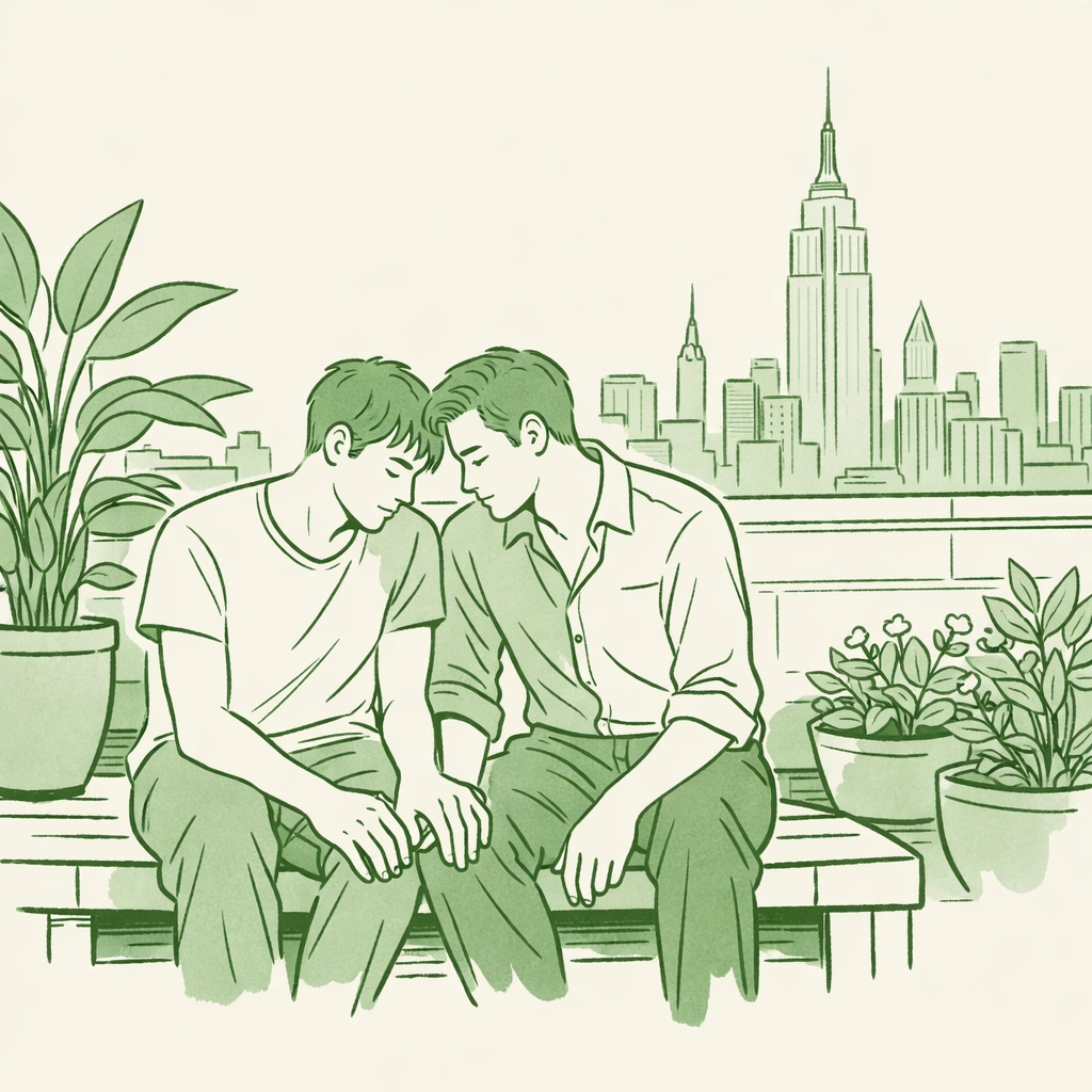 Two men on rooftop garden bench overlooking Manhattan skyline - gay love story