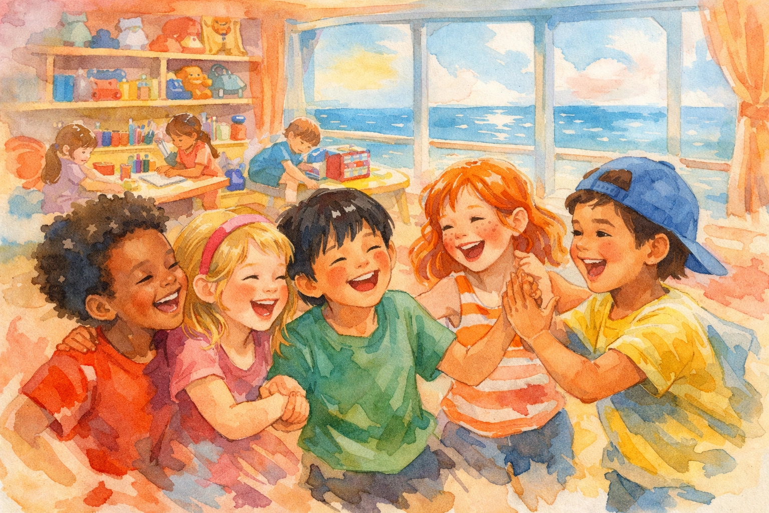 Children playing and making friends in cruise ship kids club with activities and ocean views