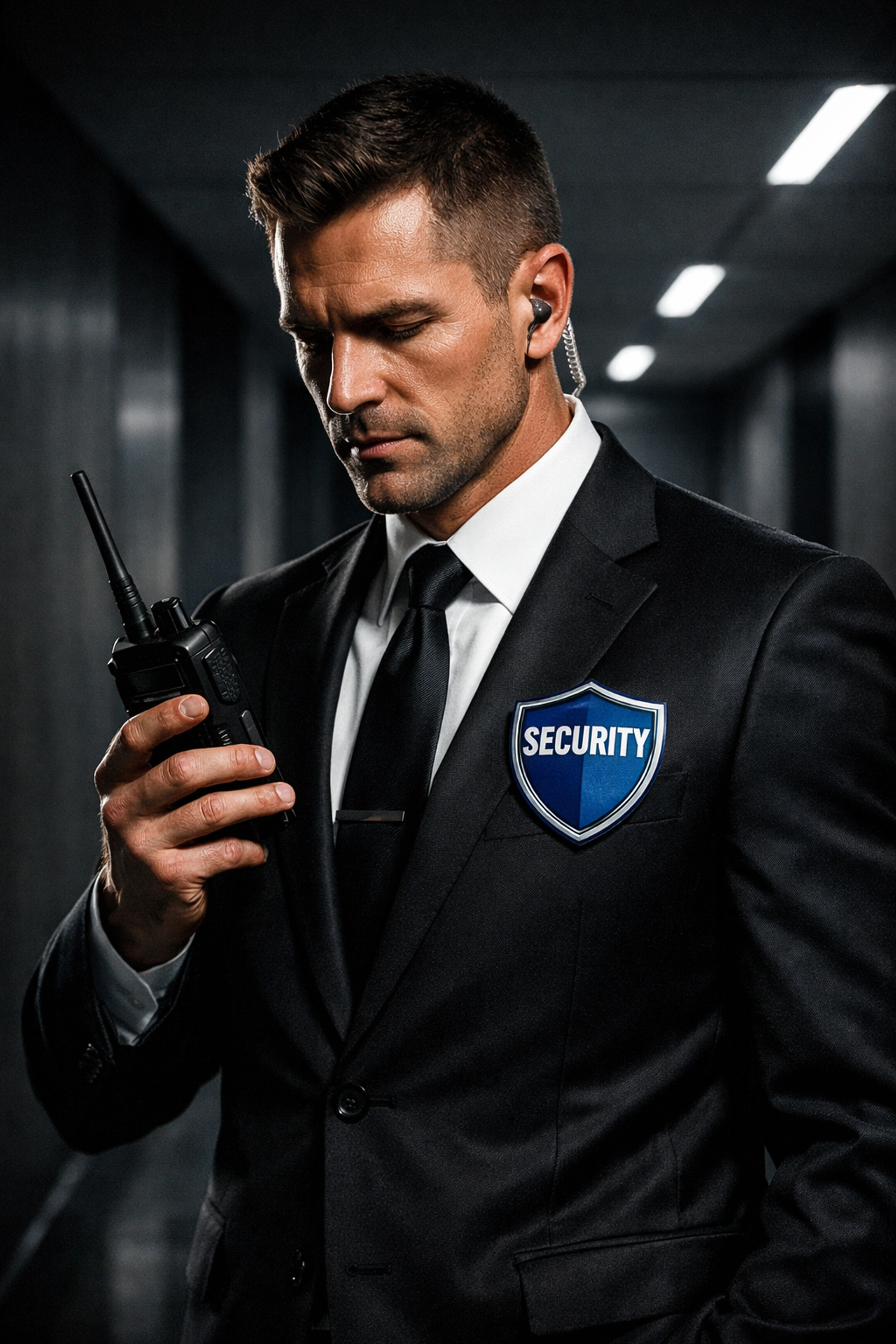 Professional bodyguard in Northern Virginia coordinating elite security via radio communication.