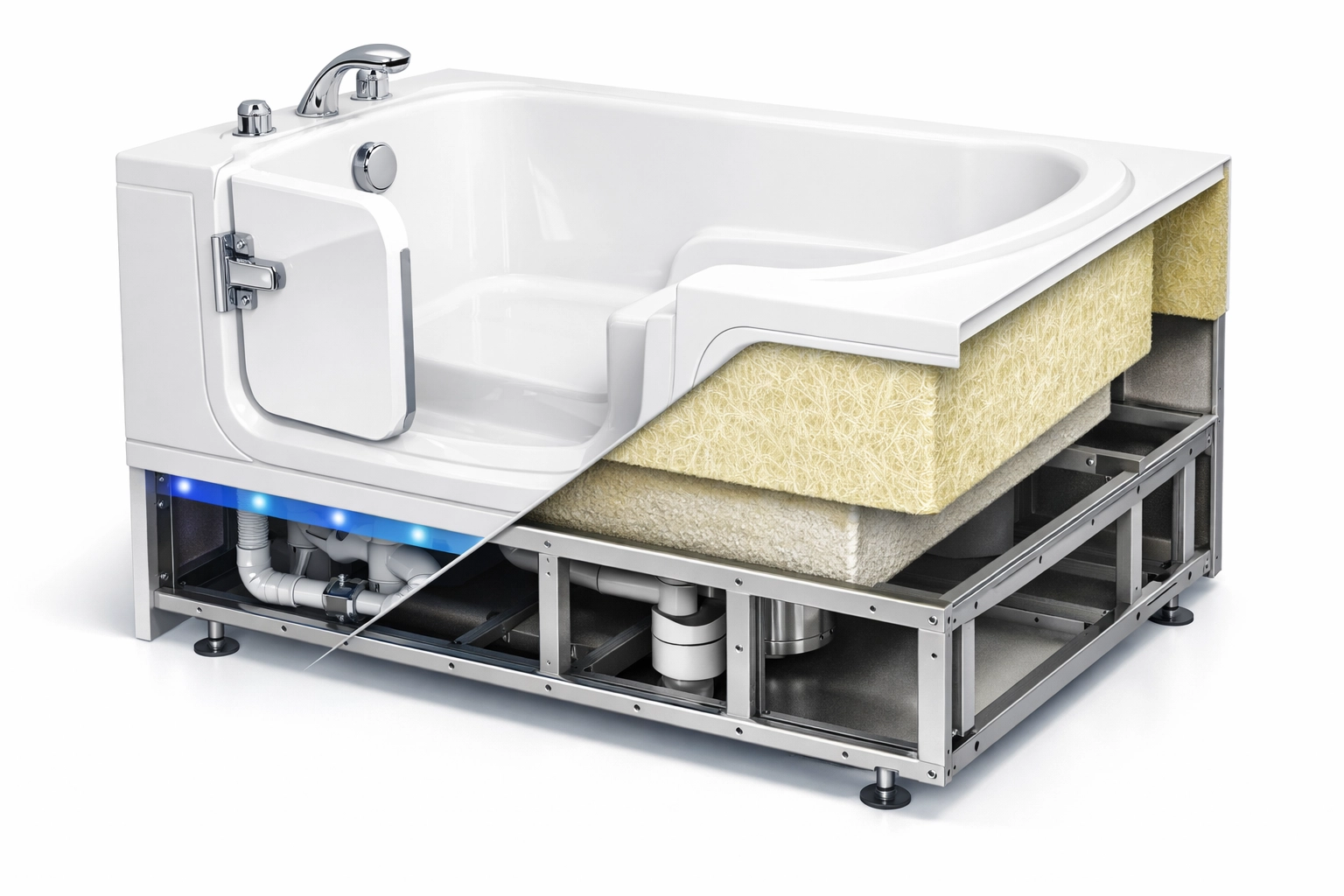 Walk-in tub construction layers with acrylic surface and stainless steel frame