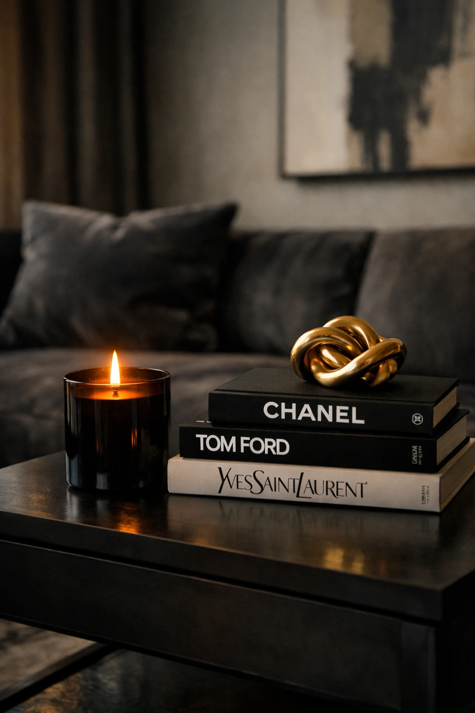 Sophisticated home sanctuary featuring a luxury candle and modern Black-owned home decor.