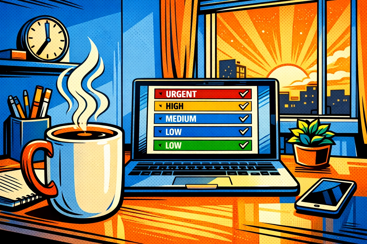 Organized morning workspace with coffee and automated task list showing productivity before work begins