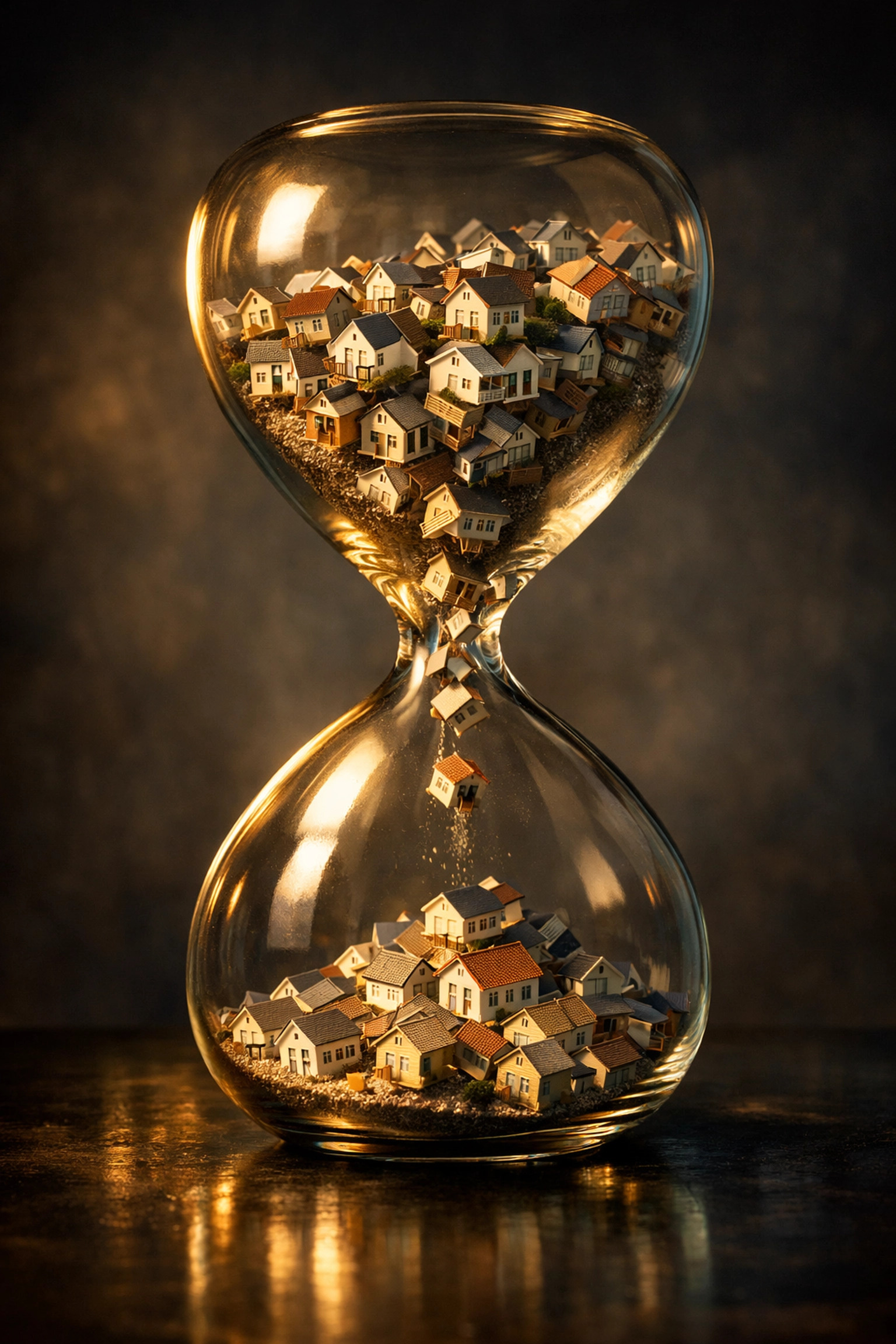 Hourglass filled with miniature houses representing the timing and patience needed for real estate lead conversion.