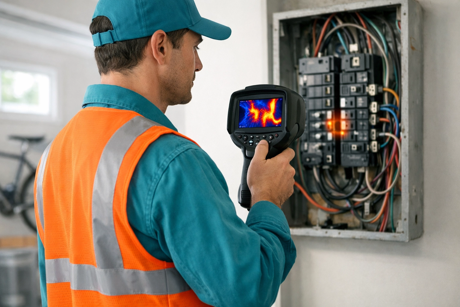 Technician using a thermal camera to inspect a residential panel for an electrical panel upgrade in Florida.