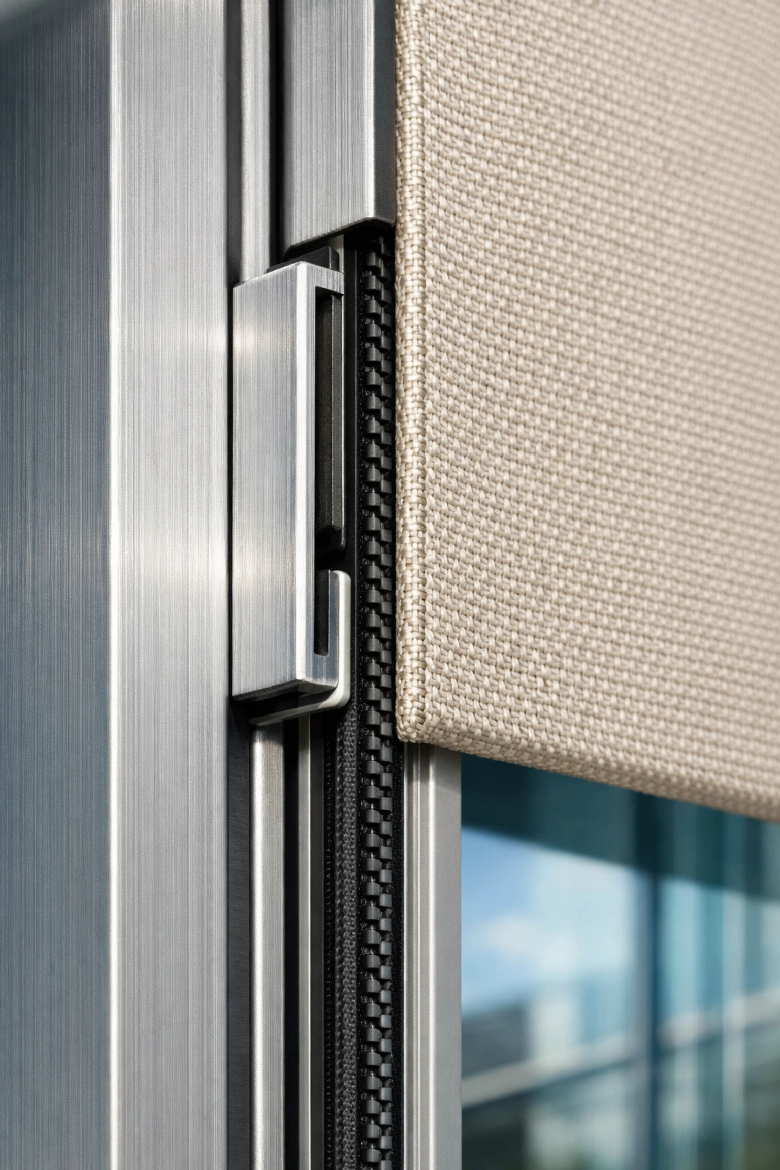 Zip Screen Wien Führungsschiene Detail - windstabiles Sonnenschutzsystem mit seitlicher Führung