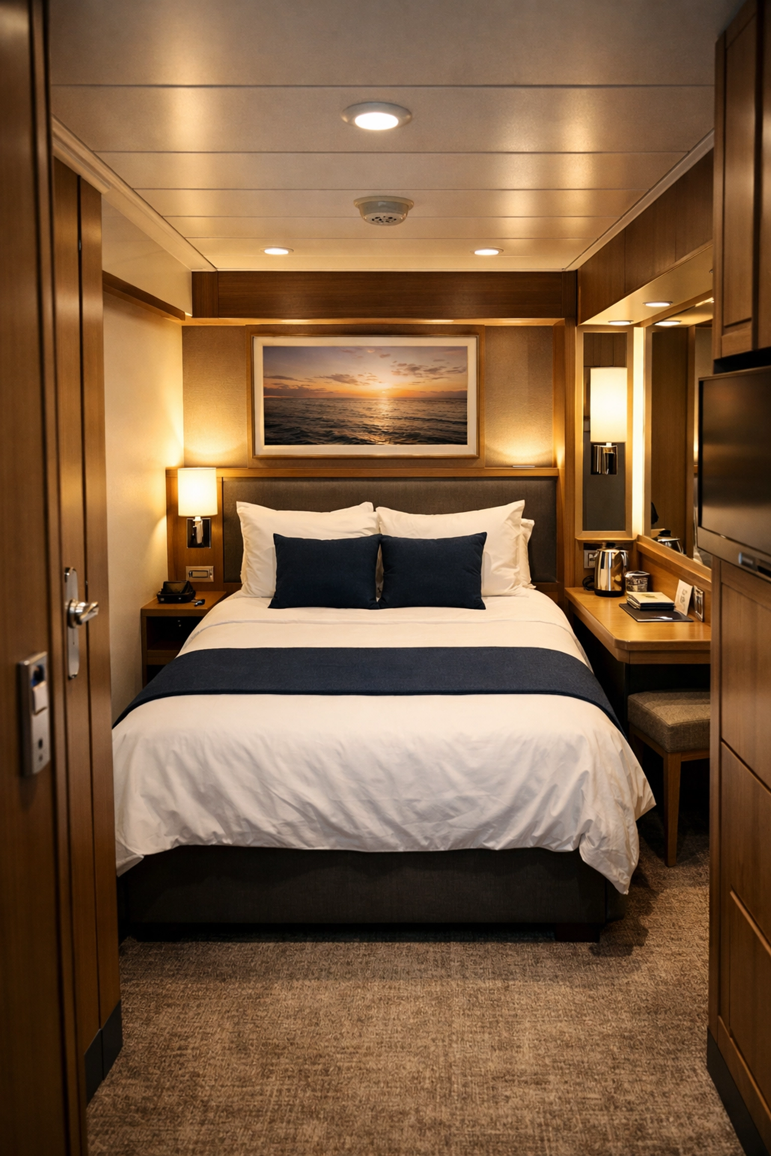 Modern solo cabin interior on cruise ship with bed and contemporary design