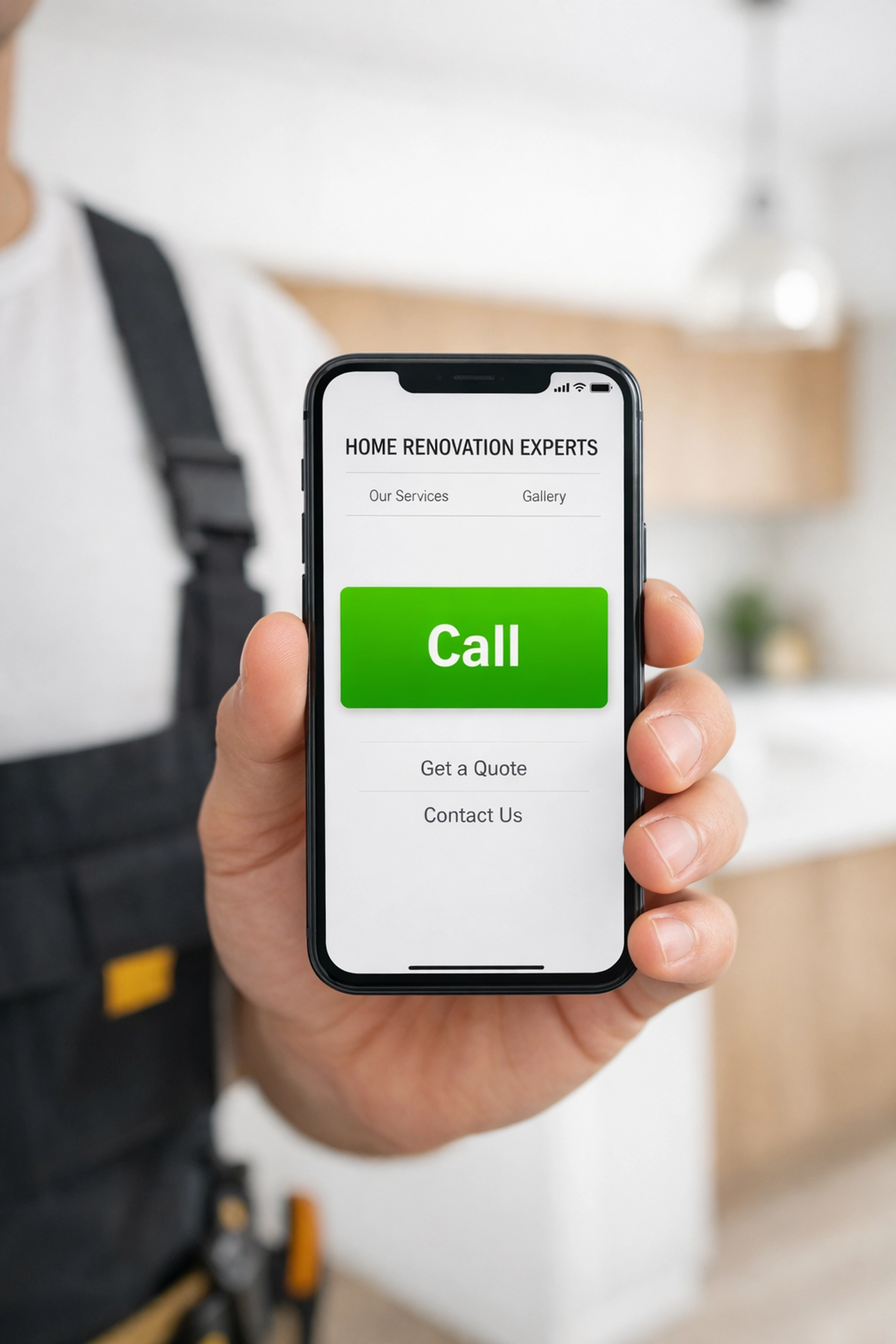 Contractor website on a smartphone featuring a clickable green call button for mobile lead generation.