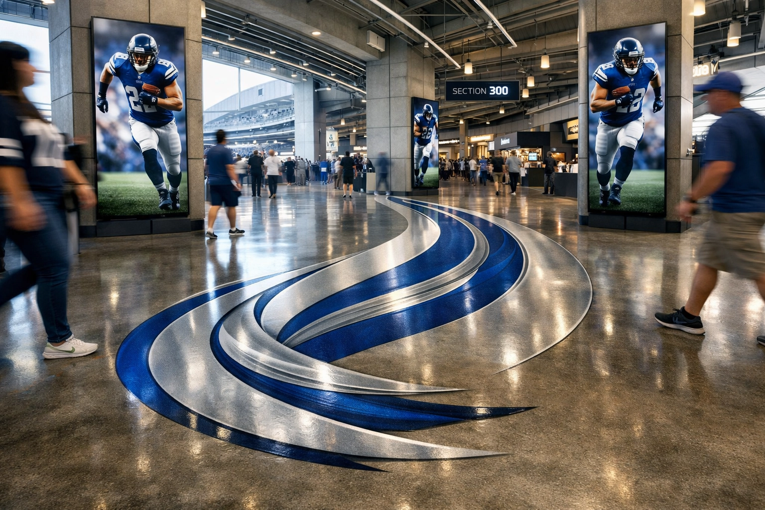 Modern stadium concourse featuring non-intrusive brand floor graphics and digital pillar displays.