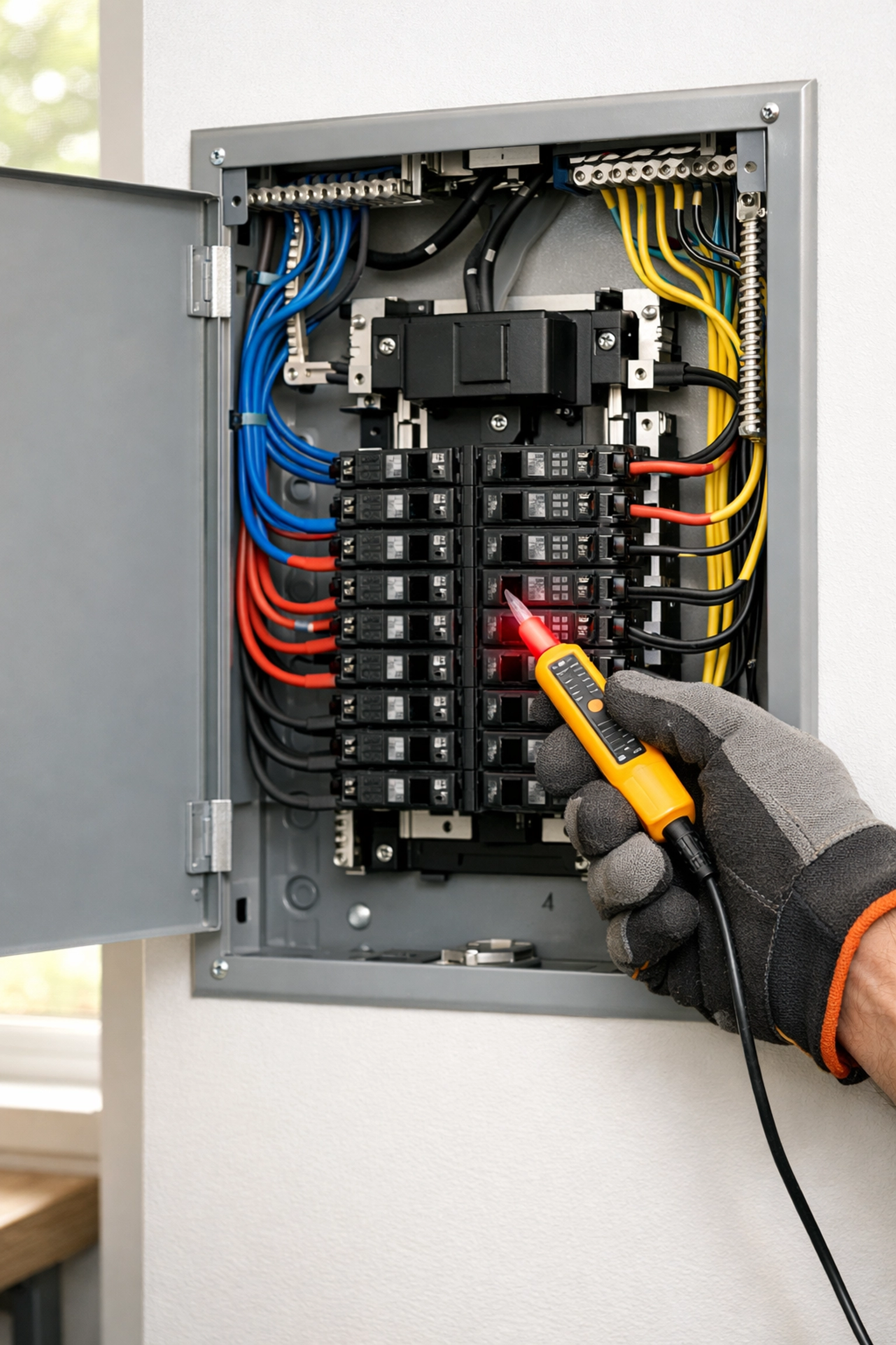 Professional inspector testing electrical panel during comprehensive home inspection